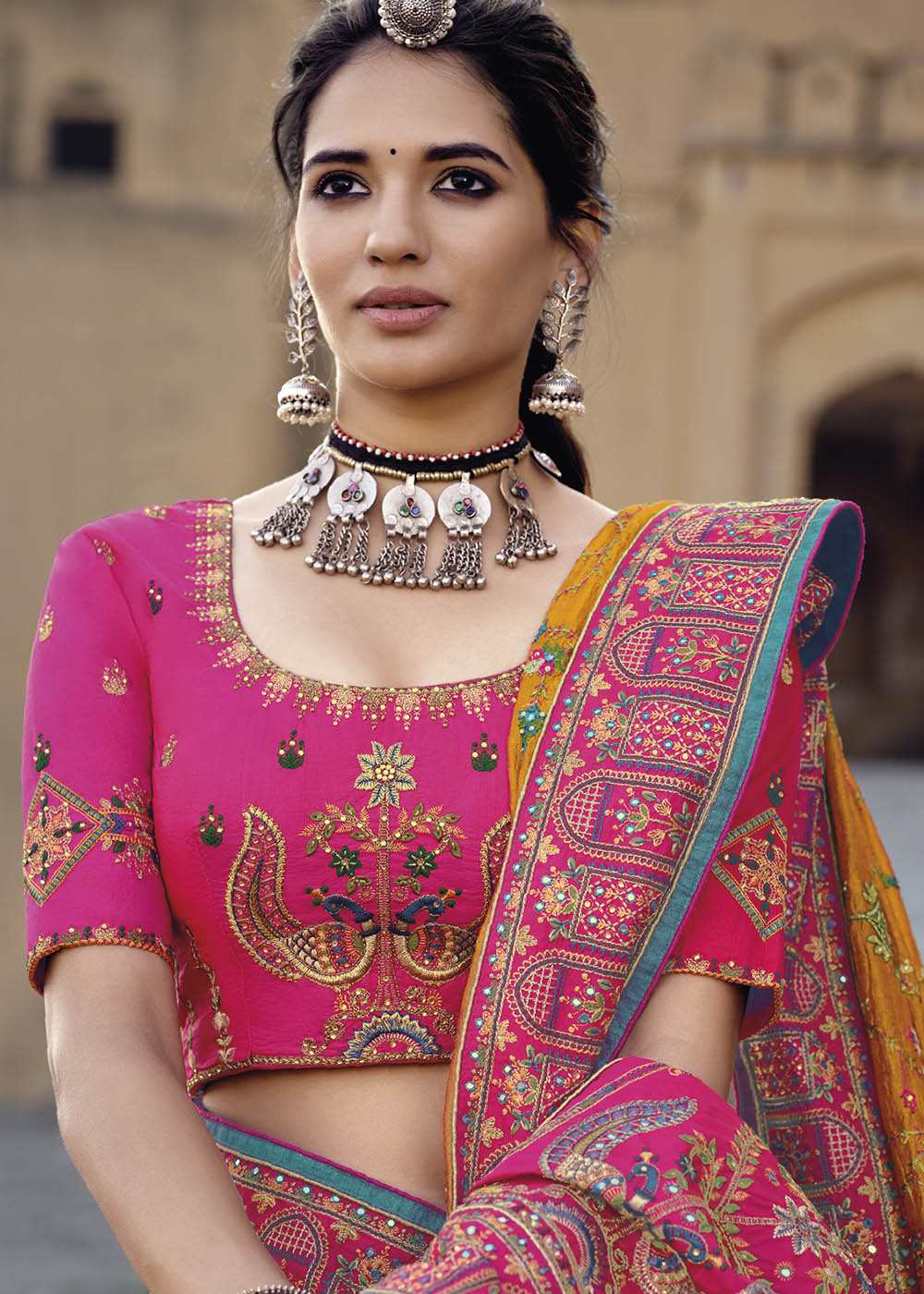 Punch Yellow Banarasi Saree with Kachhi,Mirror and Diamond Work