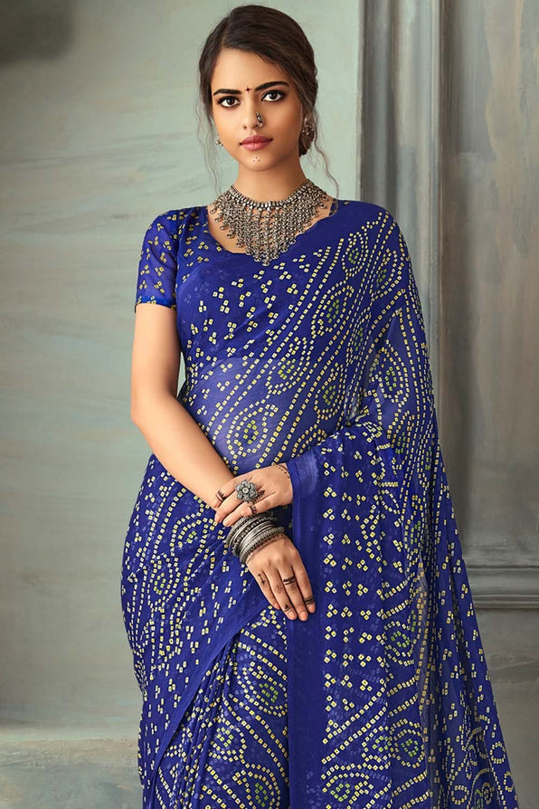 Cosmic Cobalt Blue Chiffon Bandhani Printed Saree