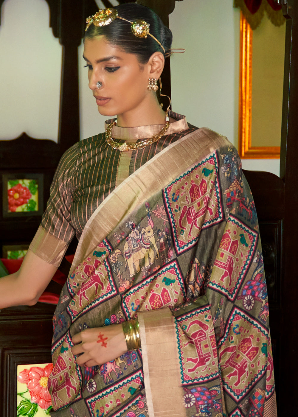 Thatch Brown and Green Designer Printed Silk Saree