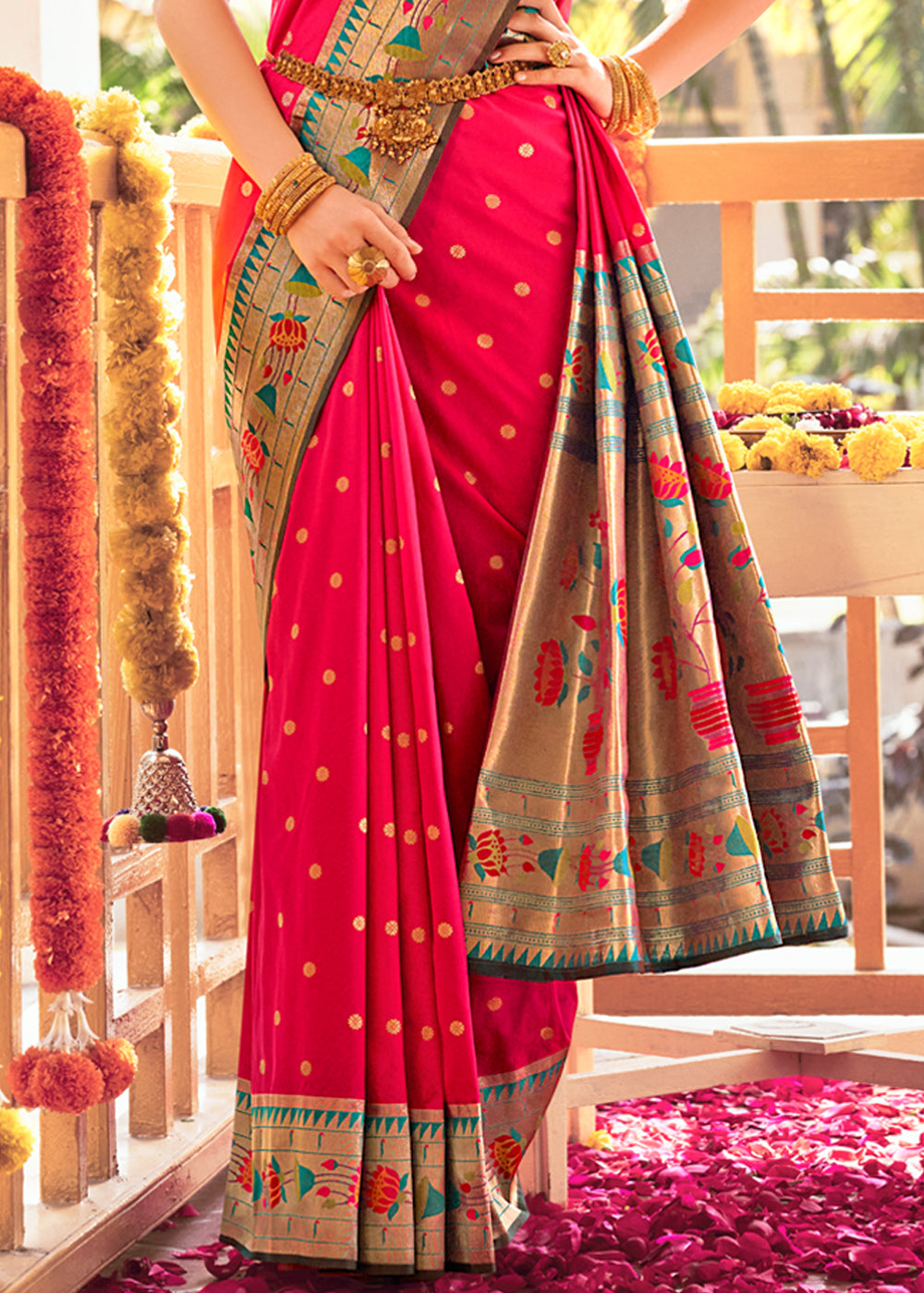 Cherry Pink Woven Paithani Silk Saree