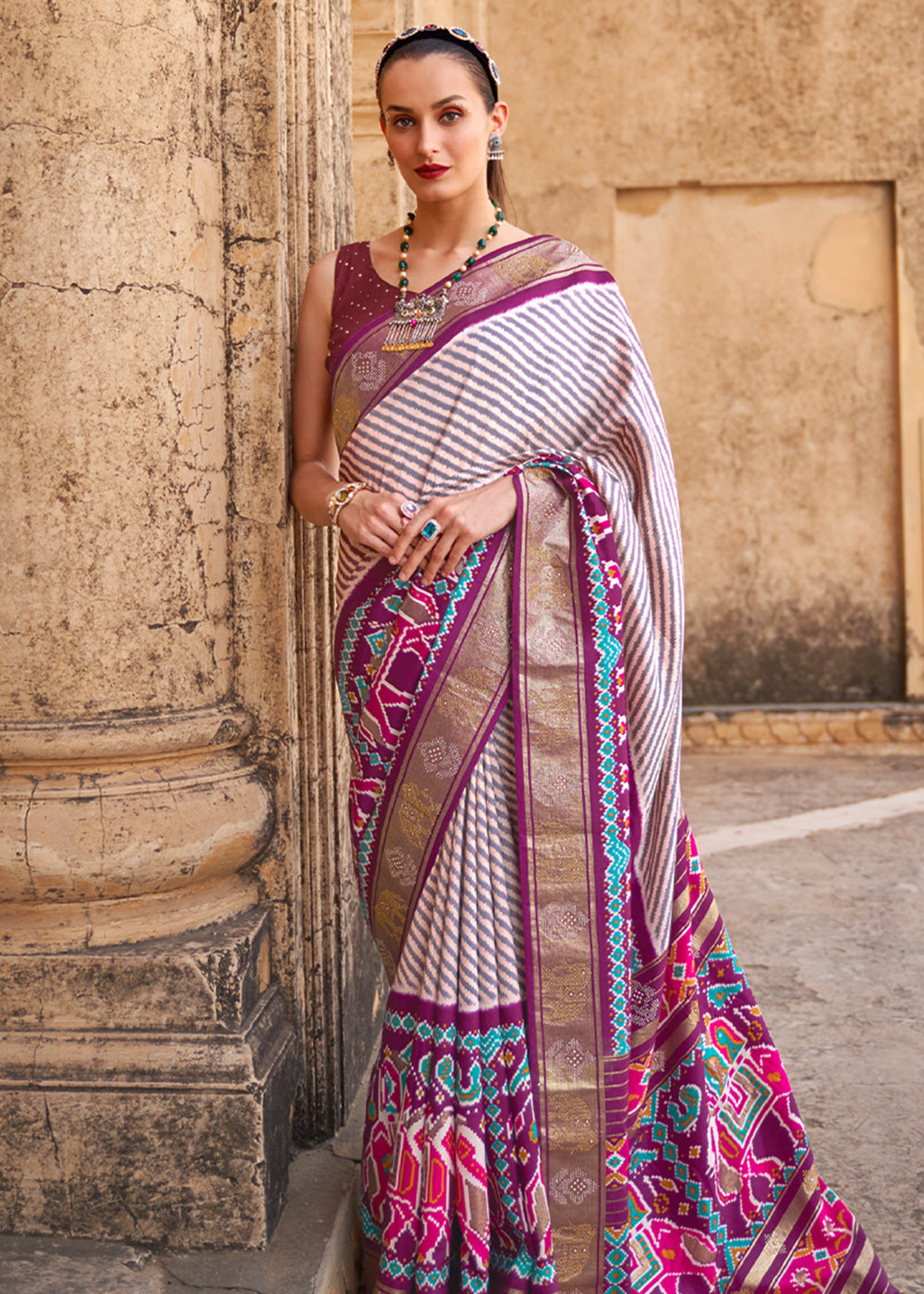 Eggplant White and Purple Zari Woven Patola Saree