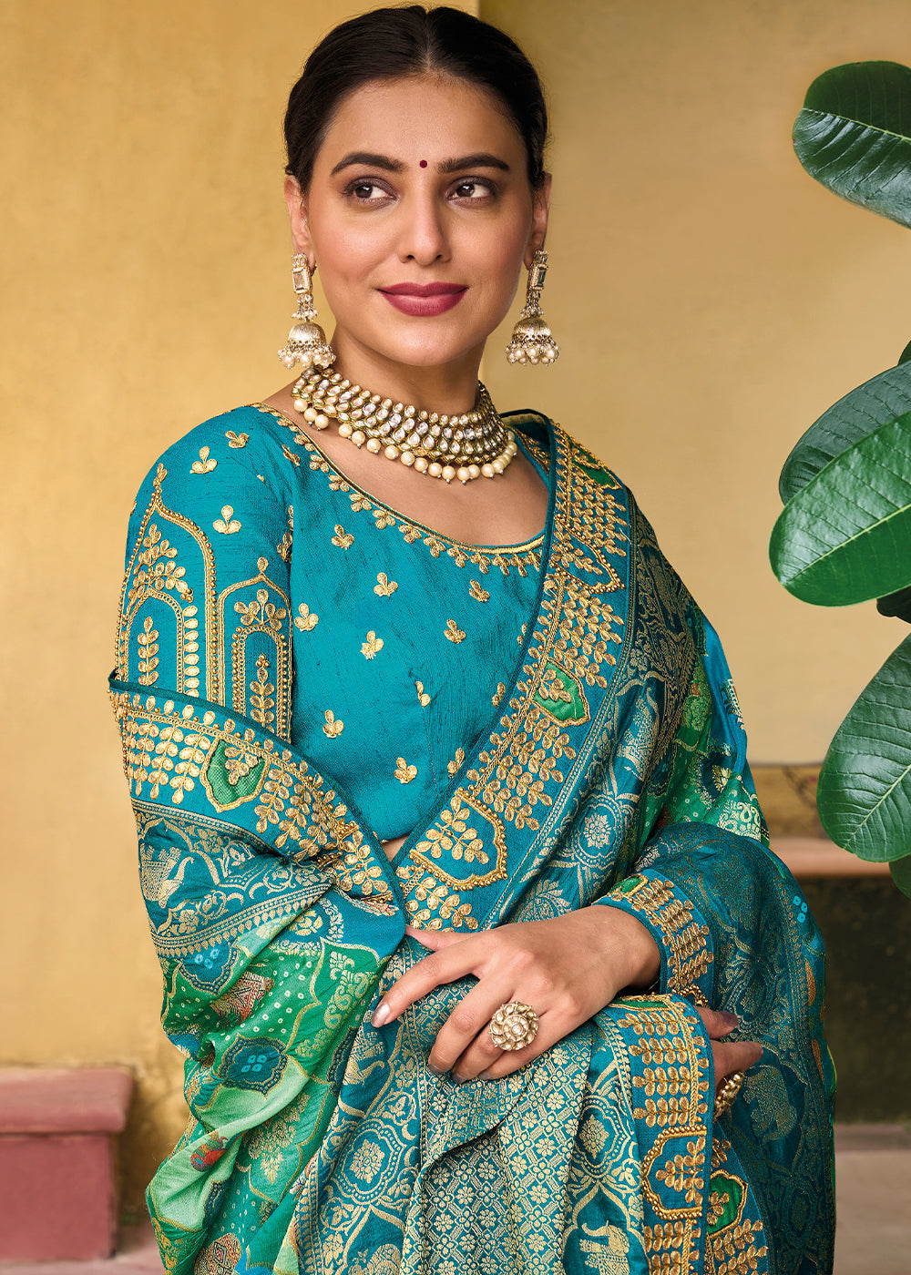 Acapulco Blue Green Embroidered Dola Silk Saree