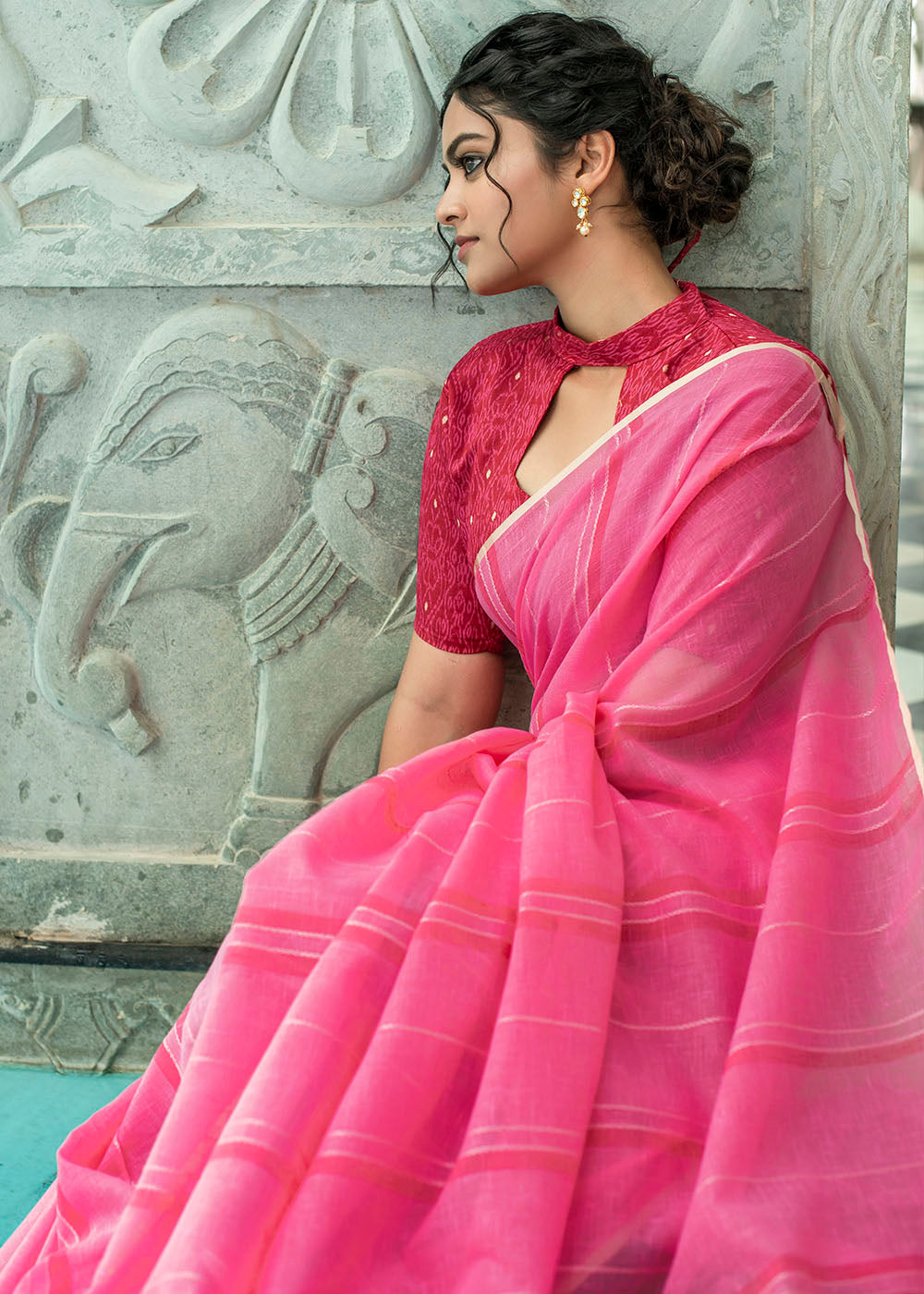 Me Pink Zari Woven Striped Linen Saree