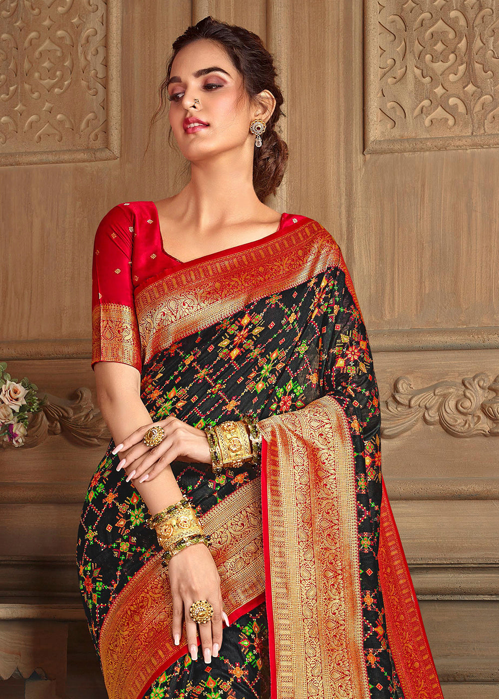 Dune Black and Red Zari Woven Banarasi Saree