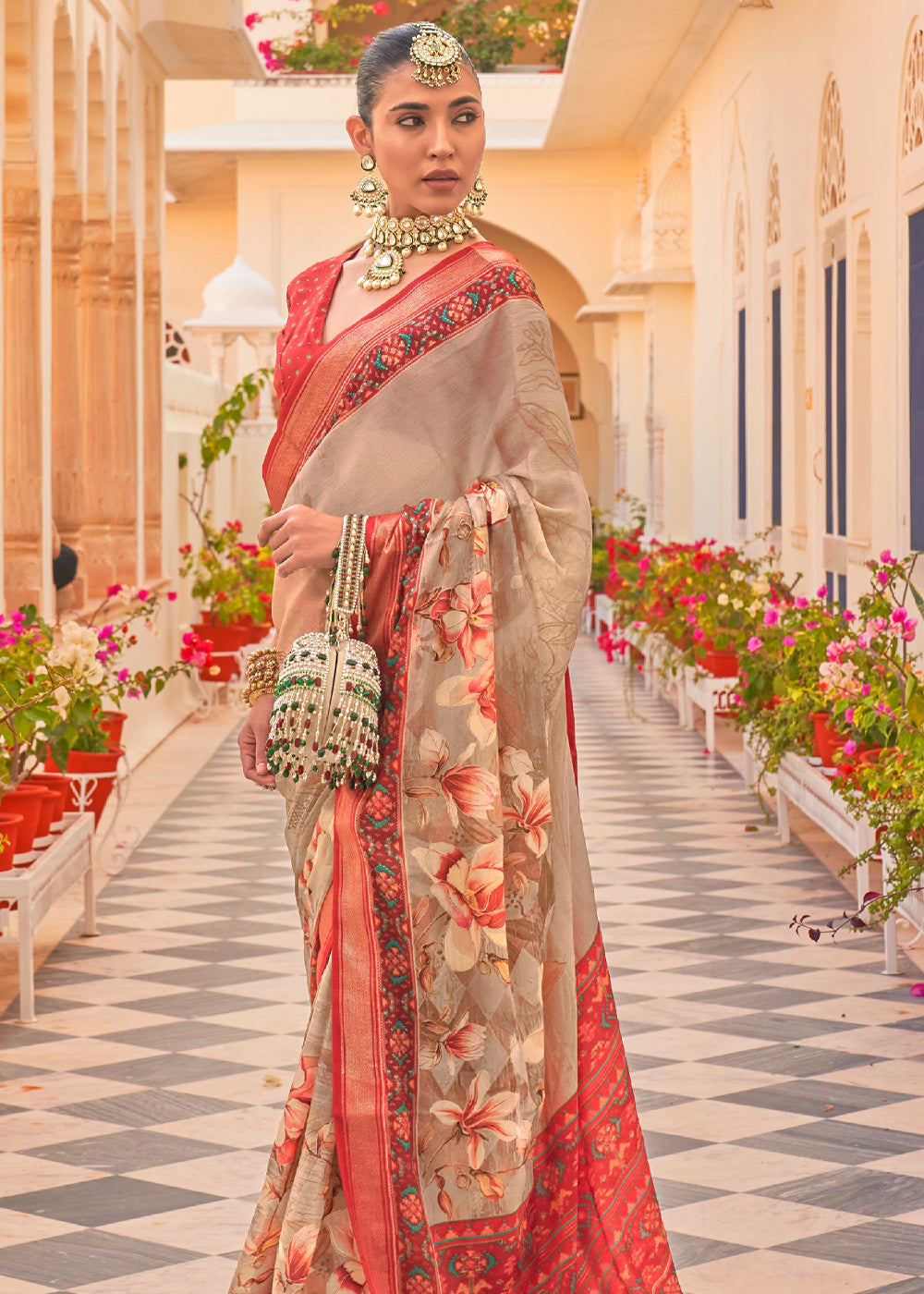 Crail Red Printed Chiffon Patola Silk Saree