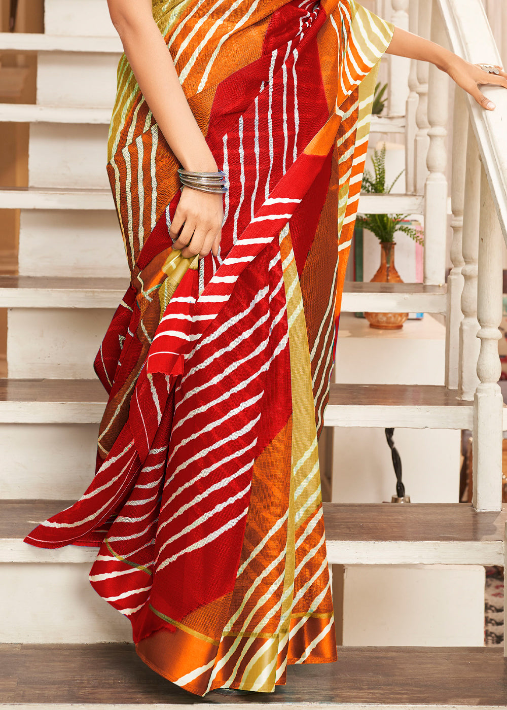 Equator Red and Green Cotton Saree with Leheriya Print