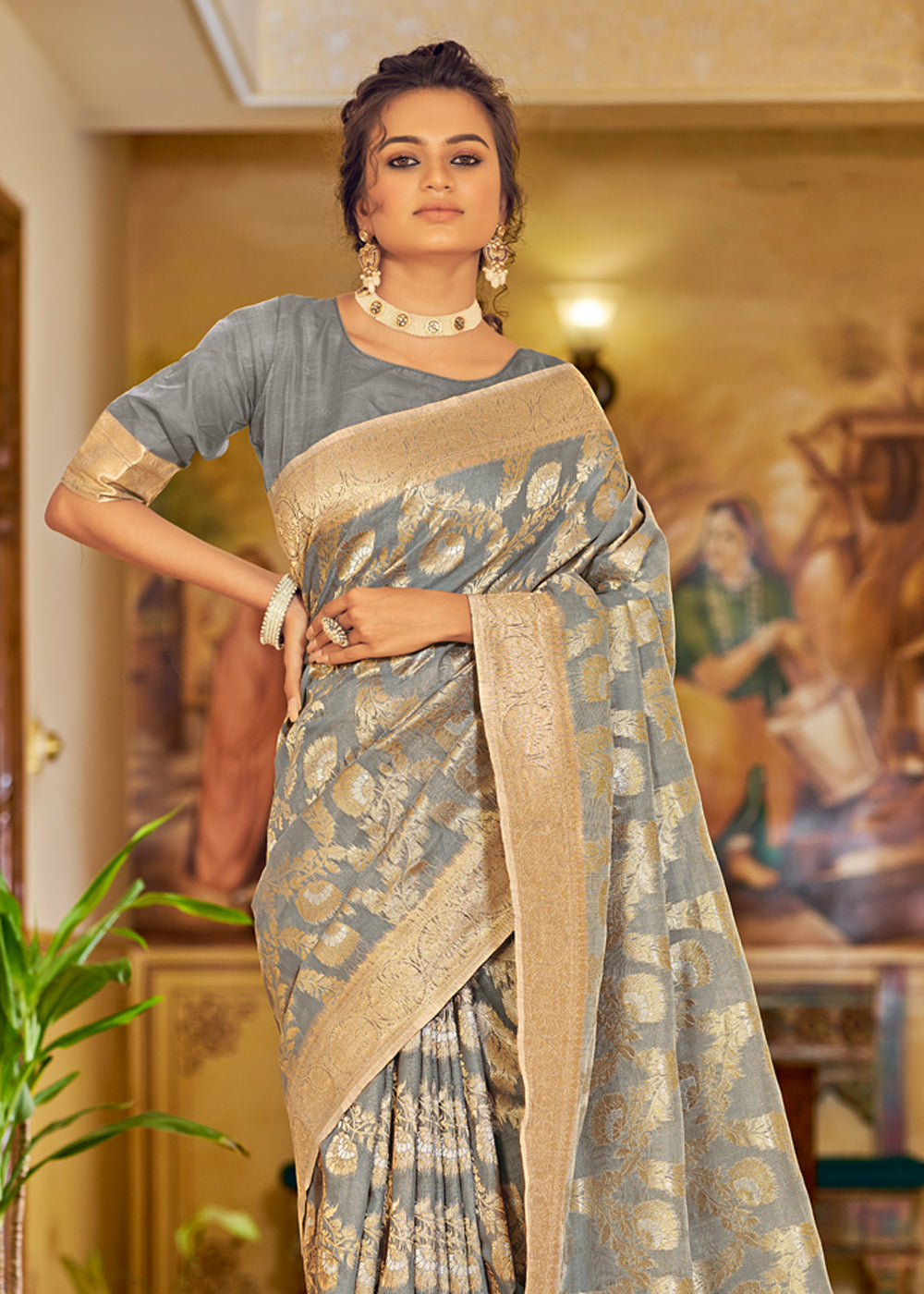 Natural Grey Zari Woven Banarasi Linen Saree