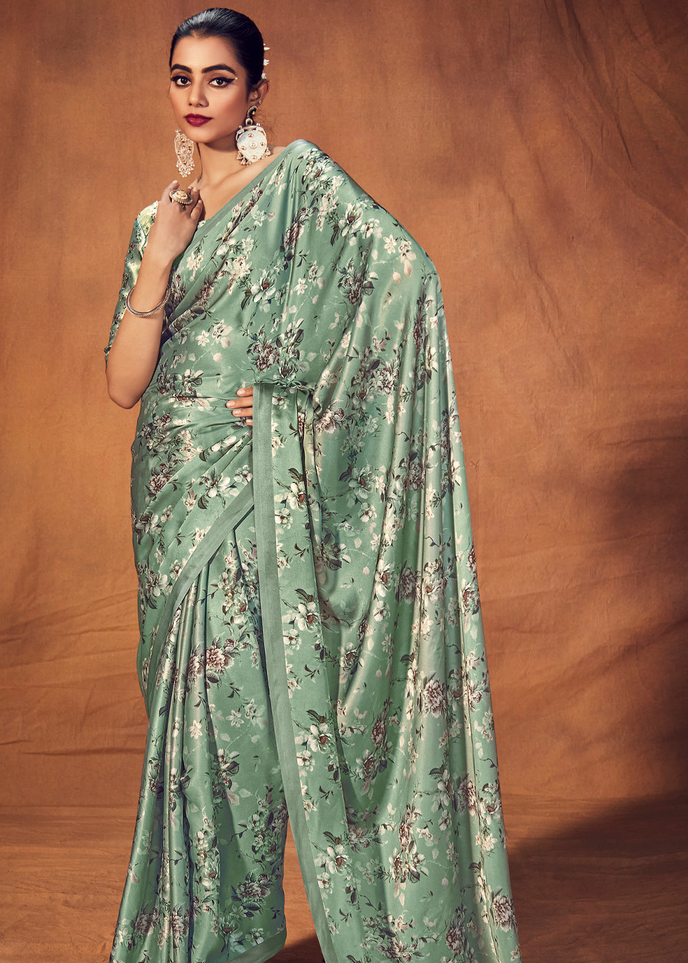 Battleship Green Digital Printed Satin Silk Saree