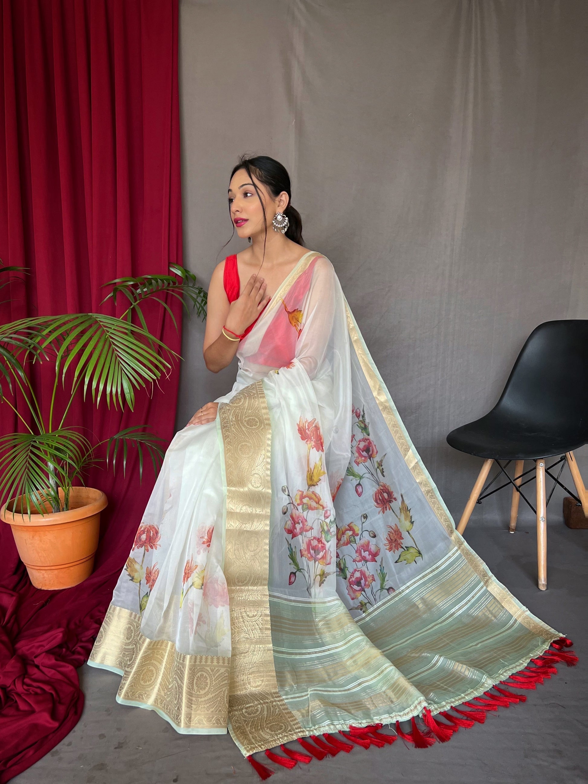 Pale Blue Organza Digital Floral Printed Saree