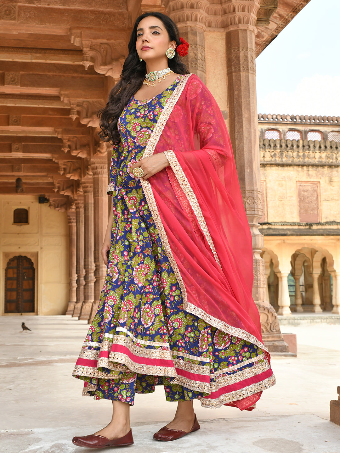 East Bay Blue Cotton Floral Block Salwar Suit