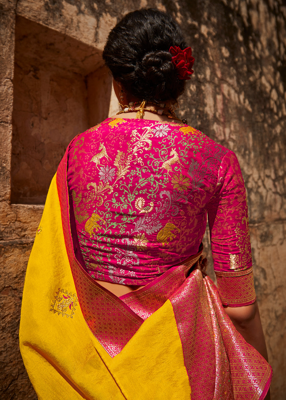 Fuel Yellow and Pink Zari Woven Designer Banarasi Saree