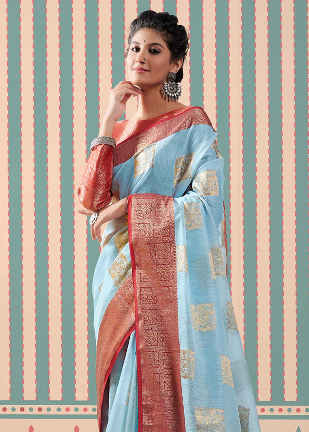 Rock Blue Zari Woven Banarasi Brocade Linen Saree