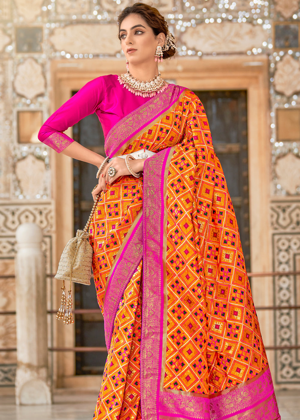 Tango Orange and Pink Zari Woven Patola Saree