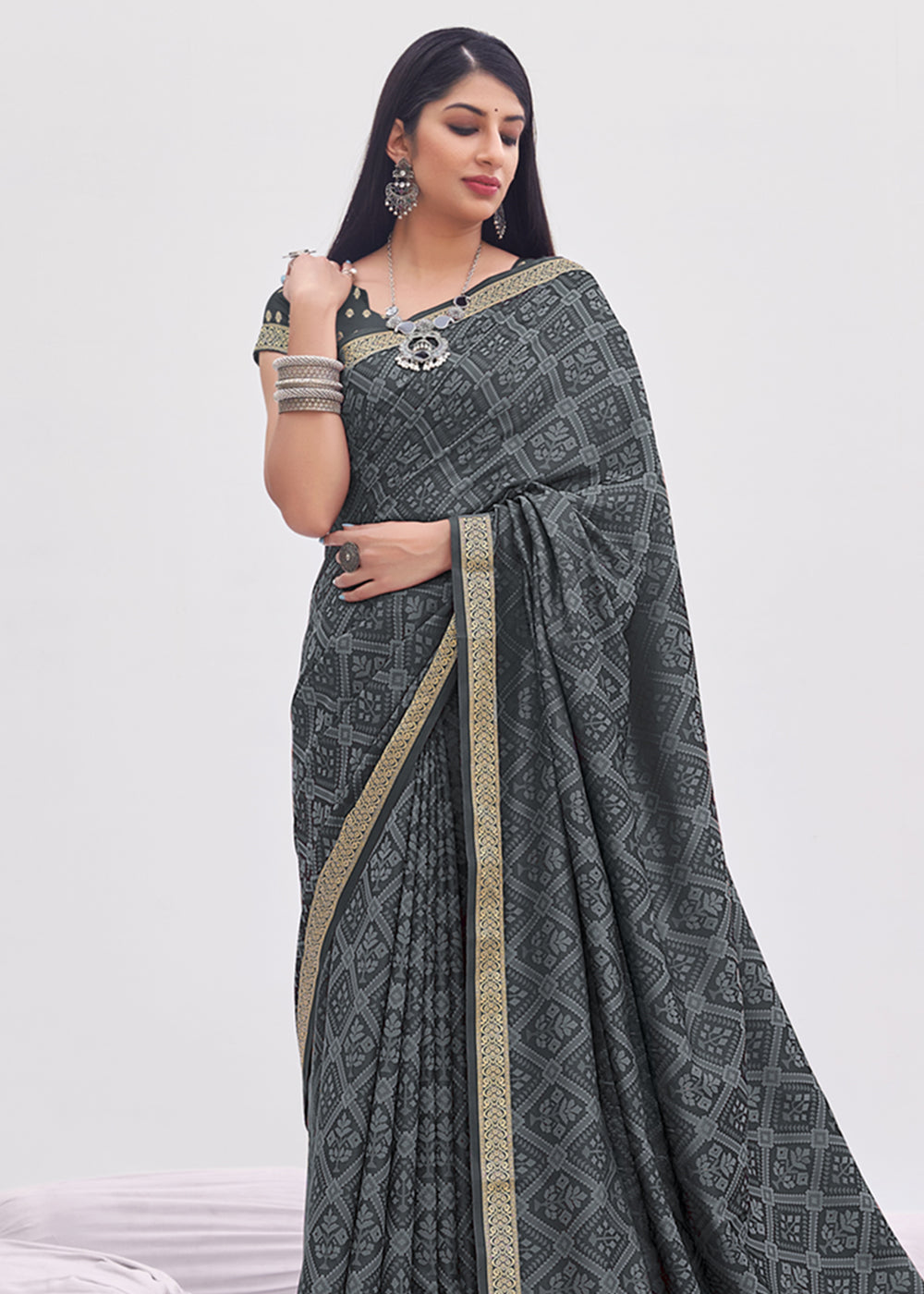 Rolling Grey Zari Woven Banarasi Satin Saree