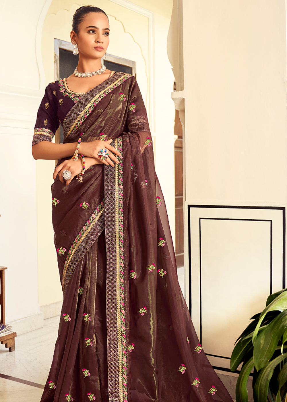 Roman Coffee Brown Woven Banarasi Georgette Silk Saree