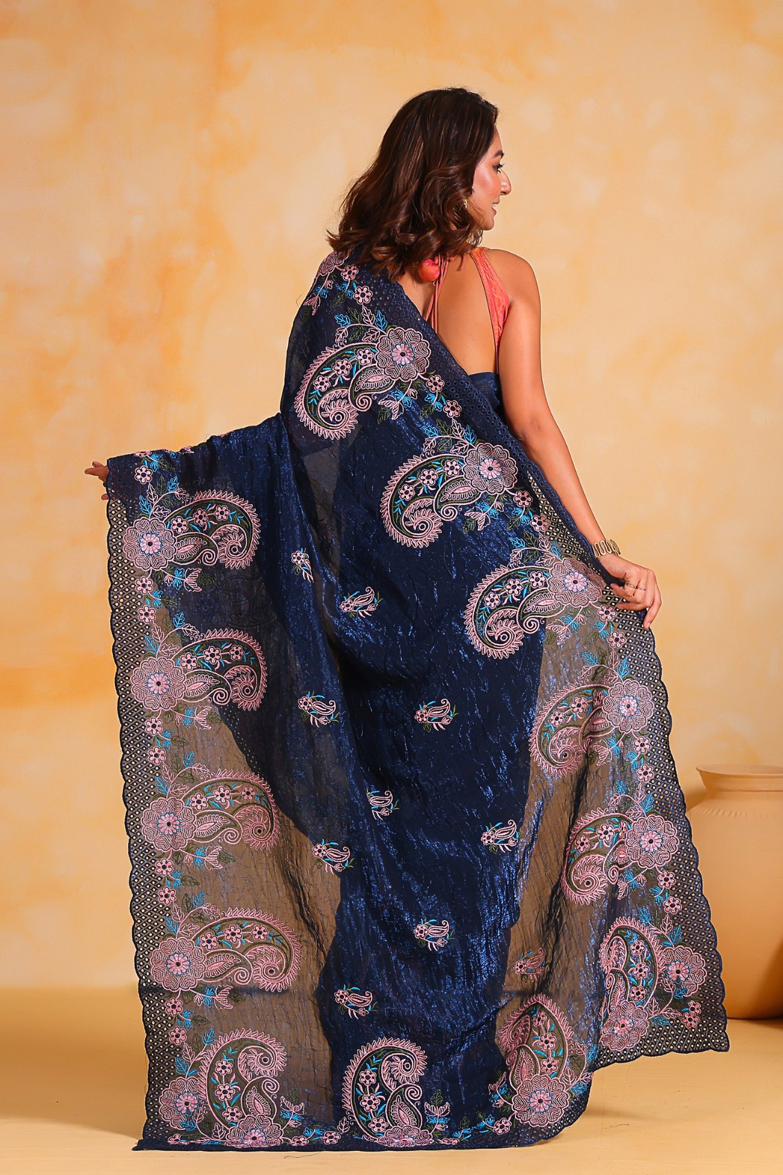 Ebony Blue Embroidered Georgette Saree