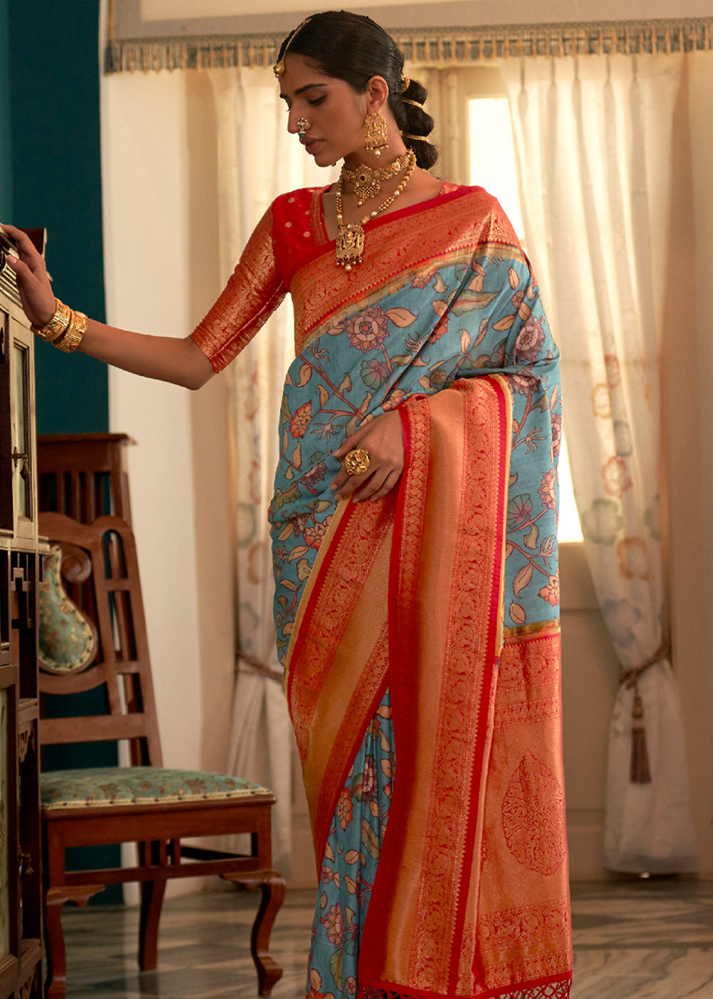 Surf Blue and Red Woven Banarasi Tussar Silk Kalamkari Saree