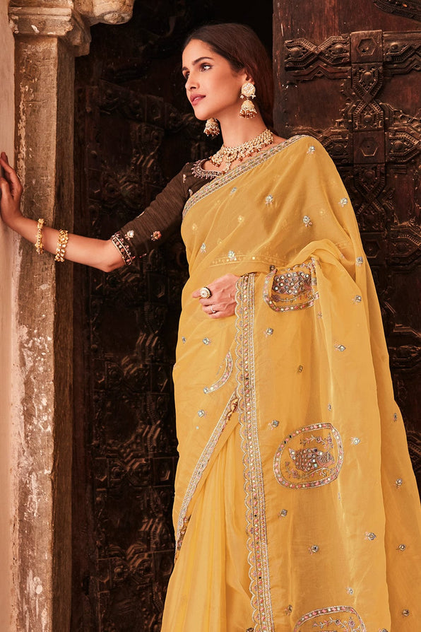 Porsche Yellow and Brown Organza Saree