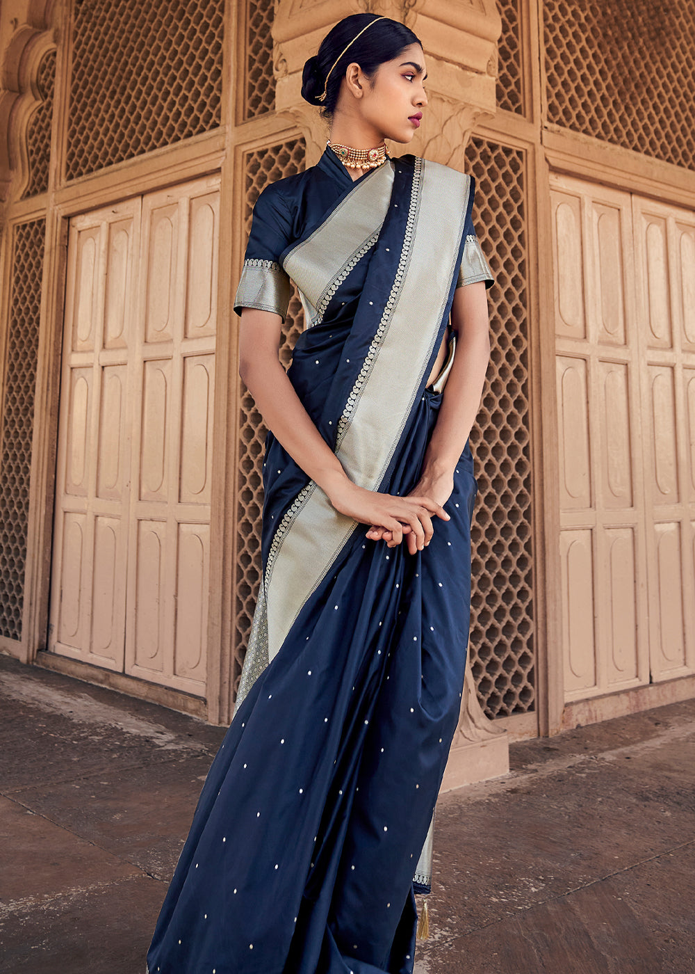 Big Stone Blue Woven Banarasi Satin Silk Saree