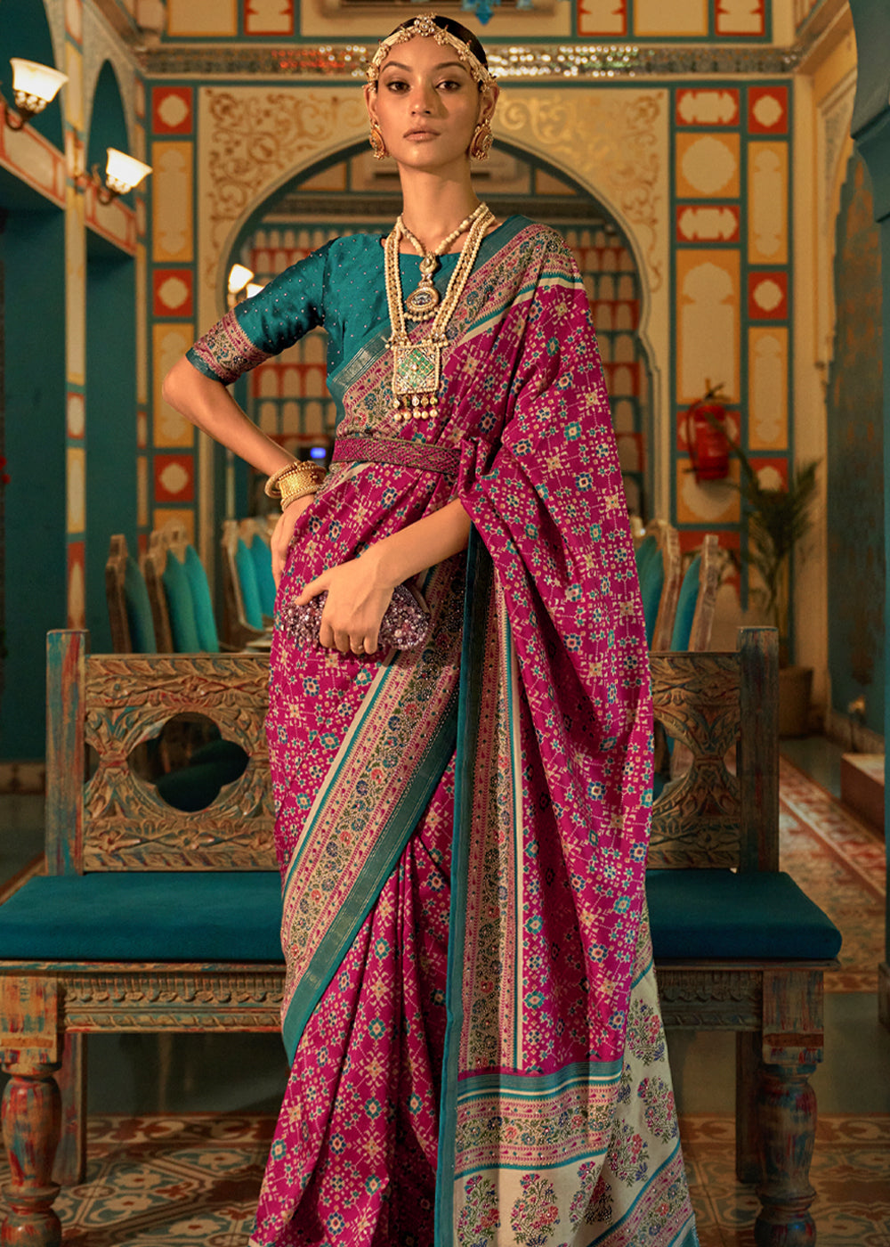 Shimmer Pink and Blue Woven Patola Silk Saree