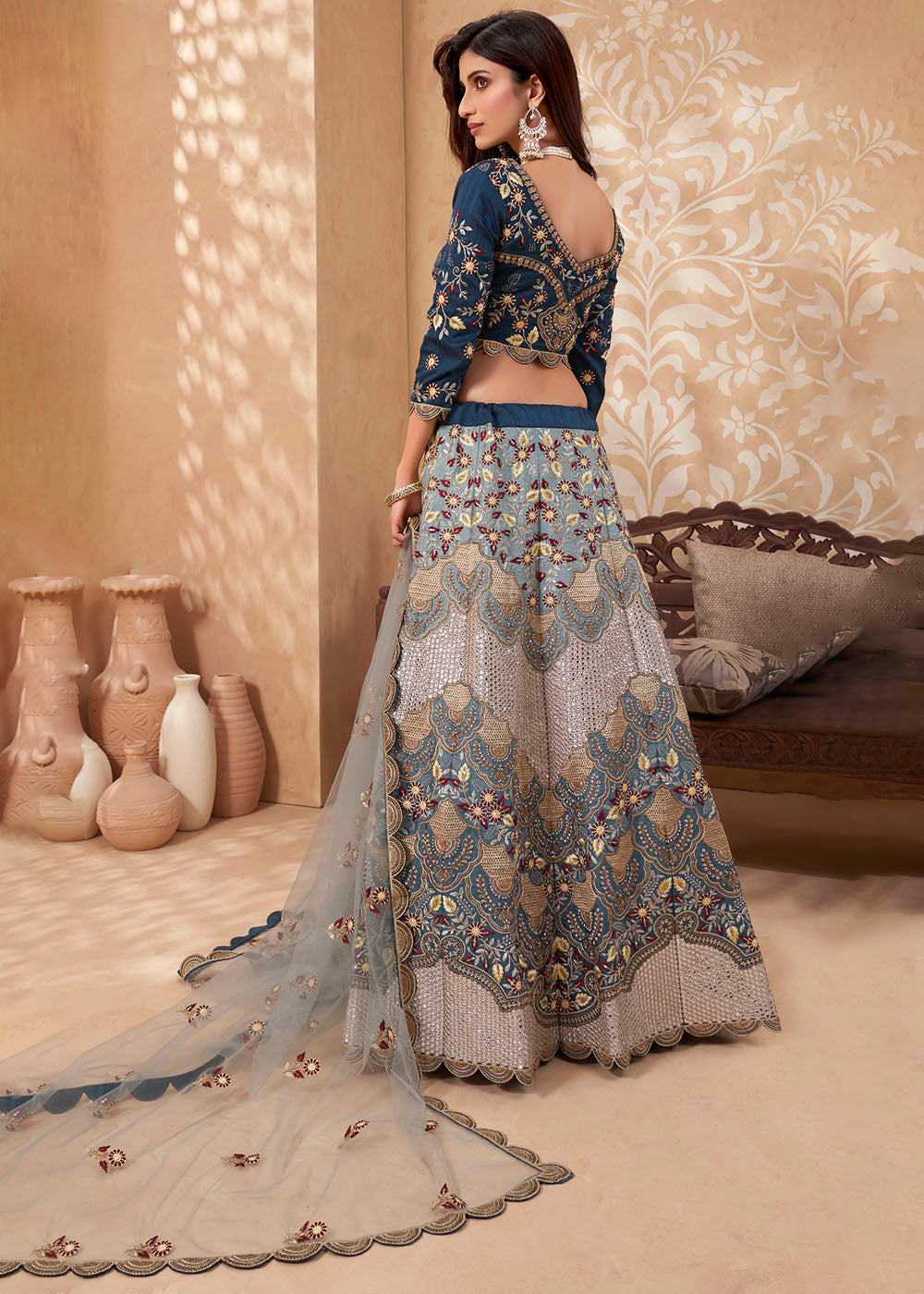 Fiord Blue and Grey Designer Net Lehenga with Multi Thread Embroidery Work