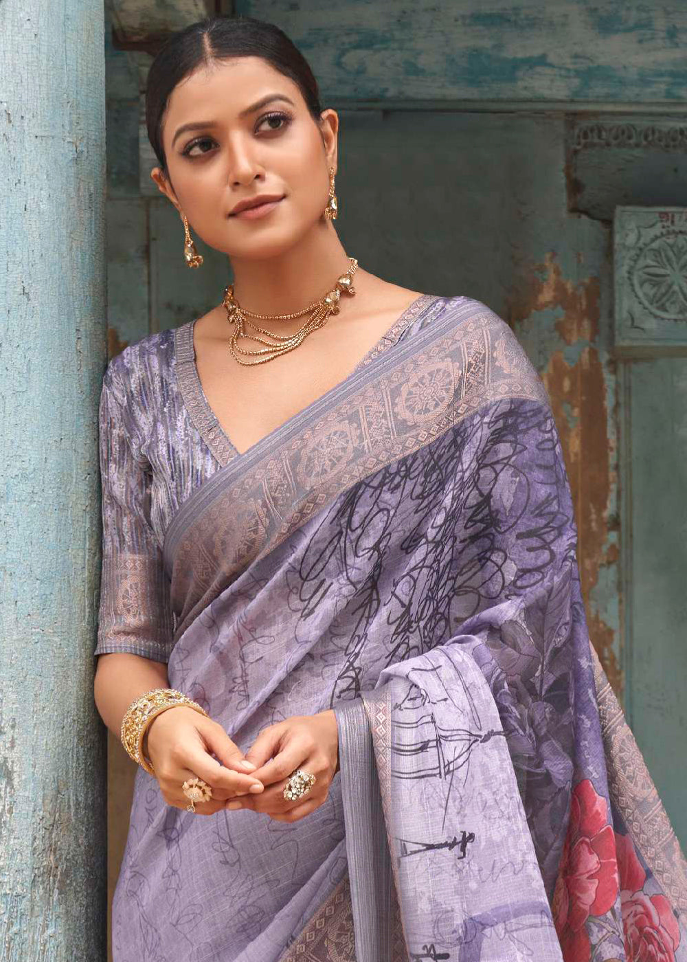 Glossy Grape Purple  Floral Printed Linen Silk Saree