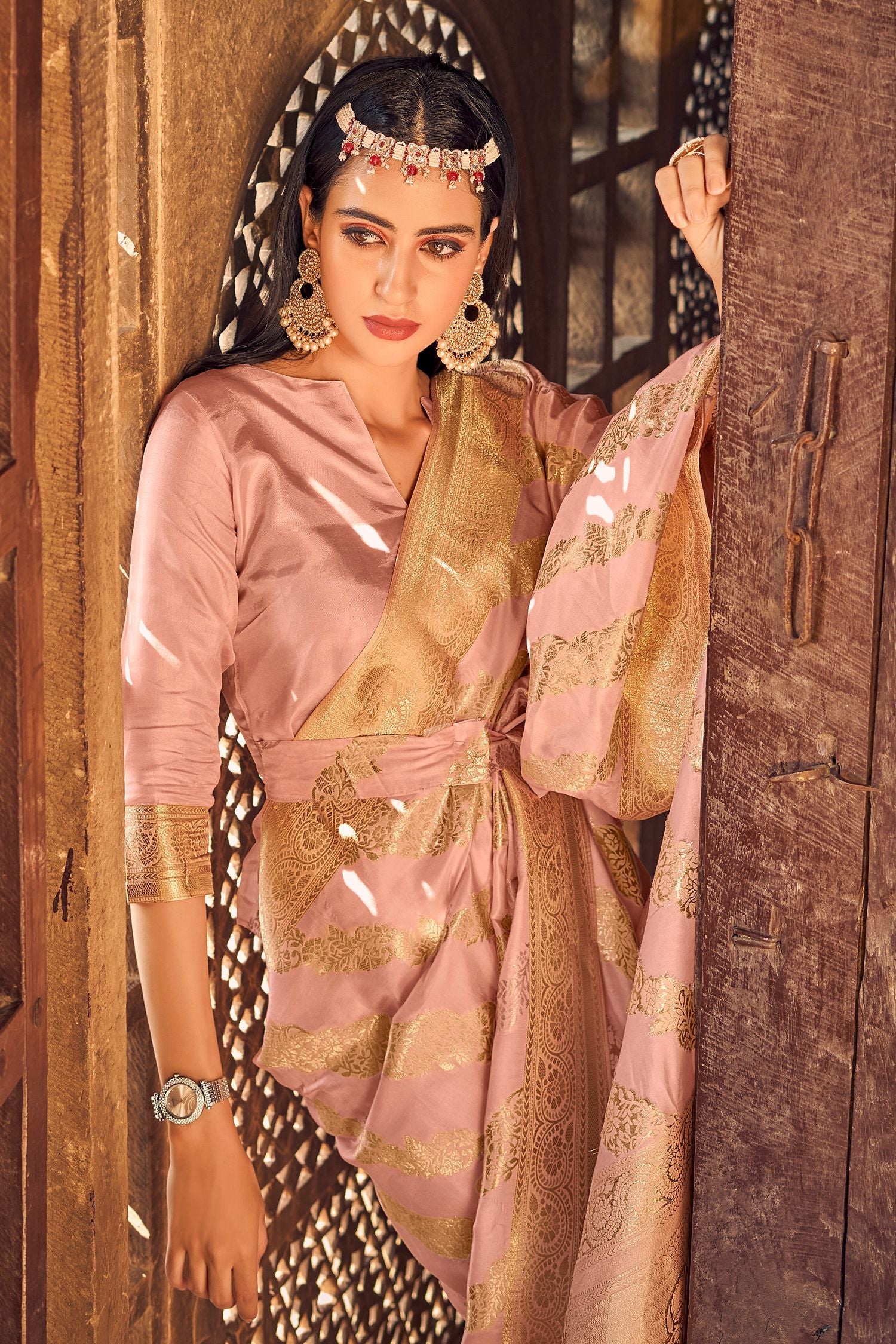 Copperfield Peach Banarasi Woven Silk Saree