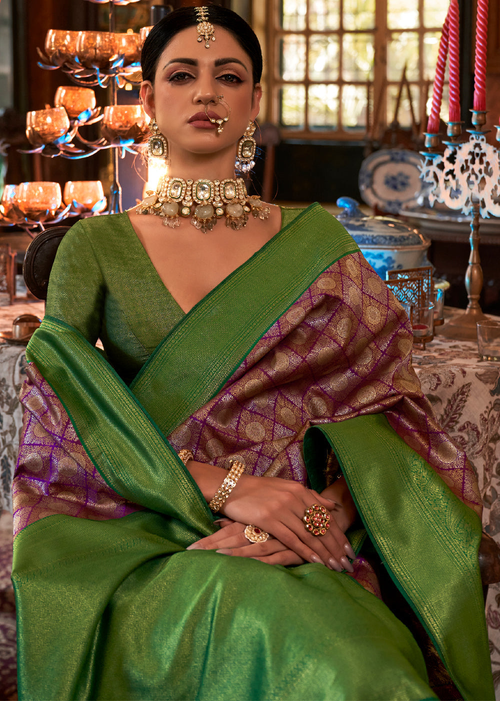 Rust Purple and Green Woven Kanjivaram Saree