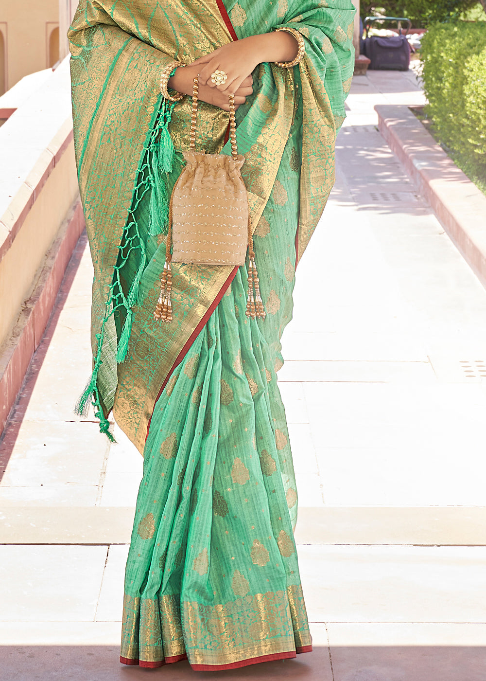 Spring Green Zari Woven Banarasi Linen Saree