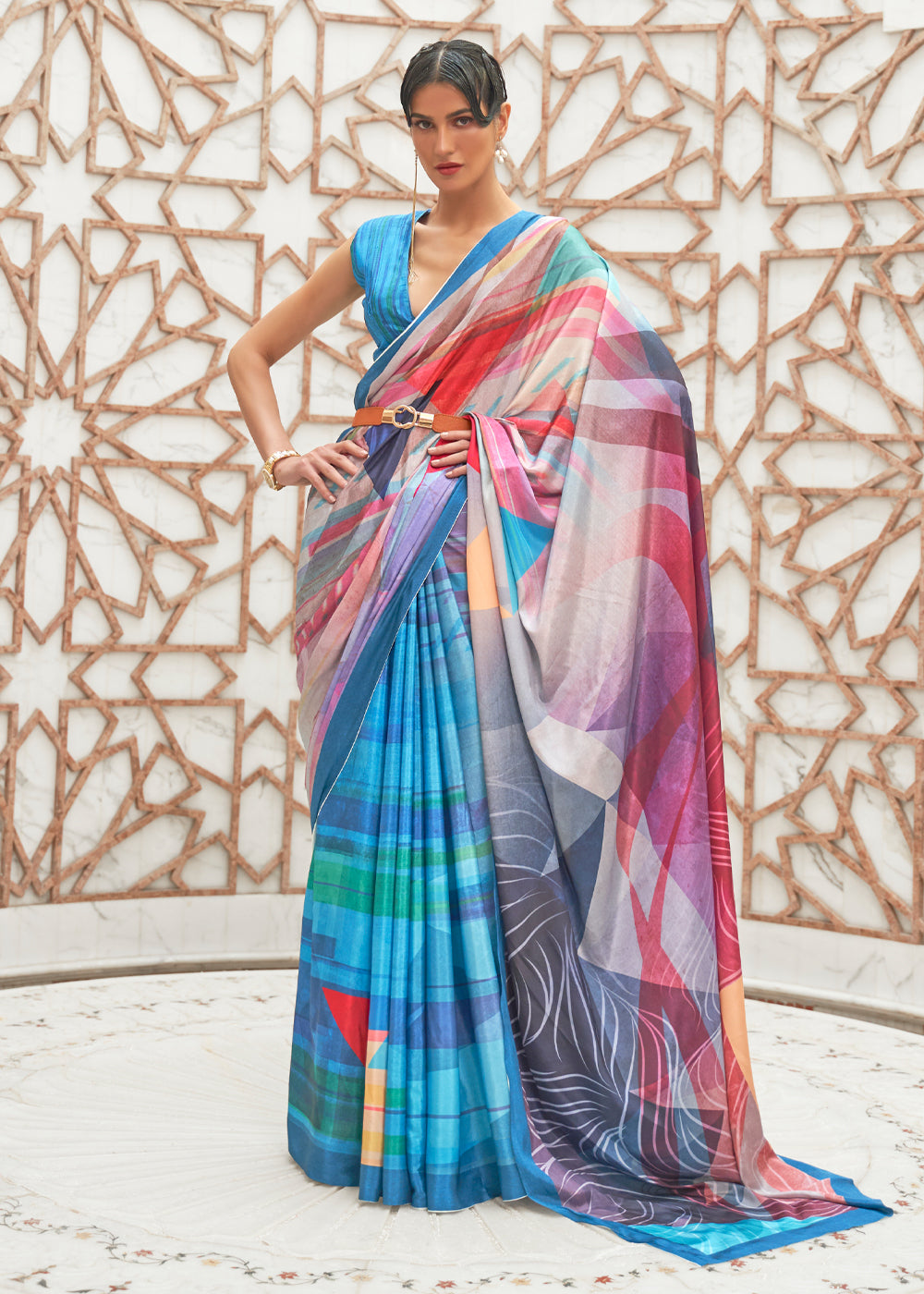 Astral Blue and White Kalamkari Printed Crepe Saree