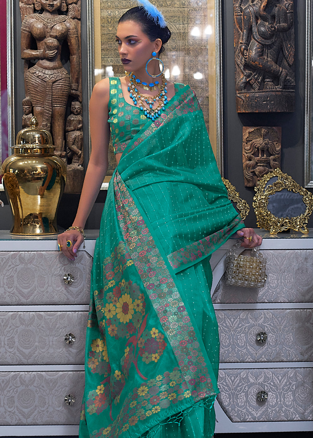 Niagara Green Woven Dual Tone Organza Banarasi Silk Saree