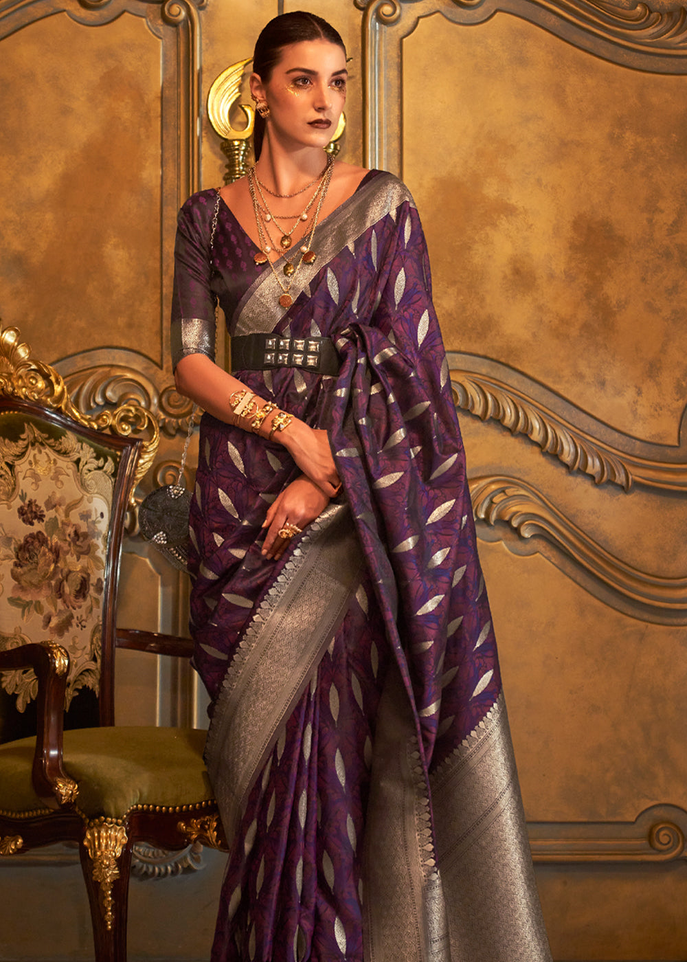 Woody Purple Banarasi Satin Silk Saree