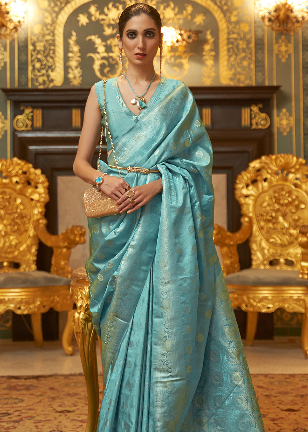 Gulf Stream Blue Zari Woven Banarasi Brocade Saree