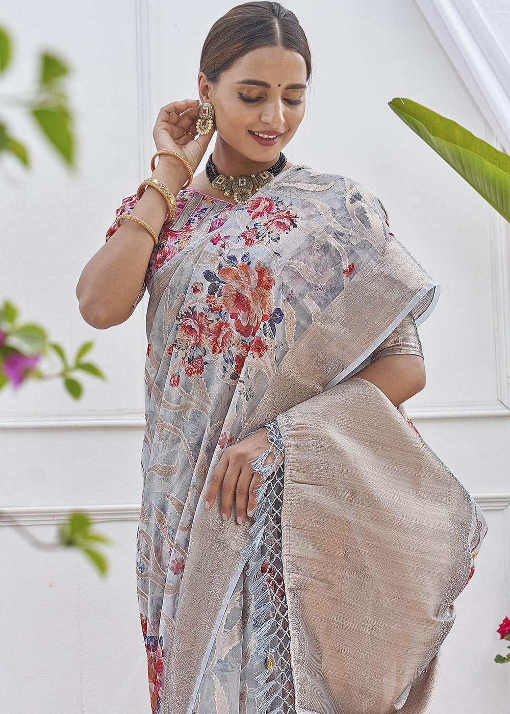 Quick Silver Grey Digital Printed Organza Silk Saree