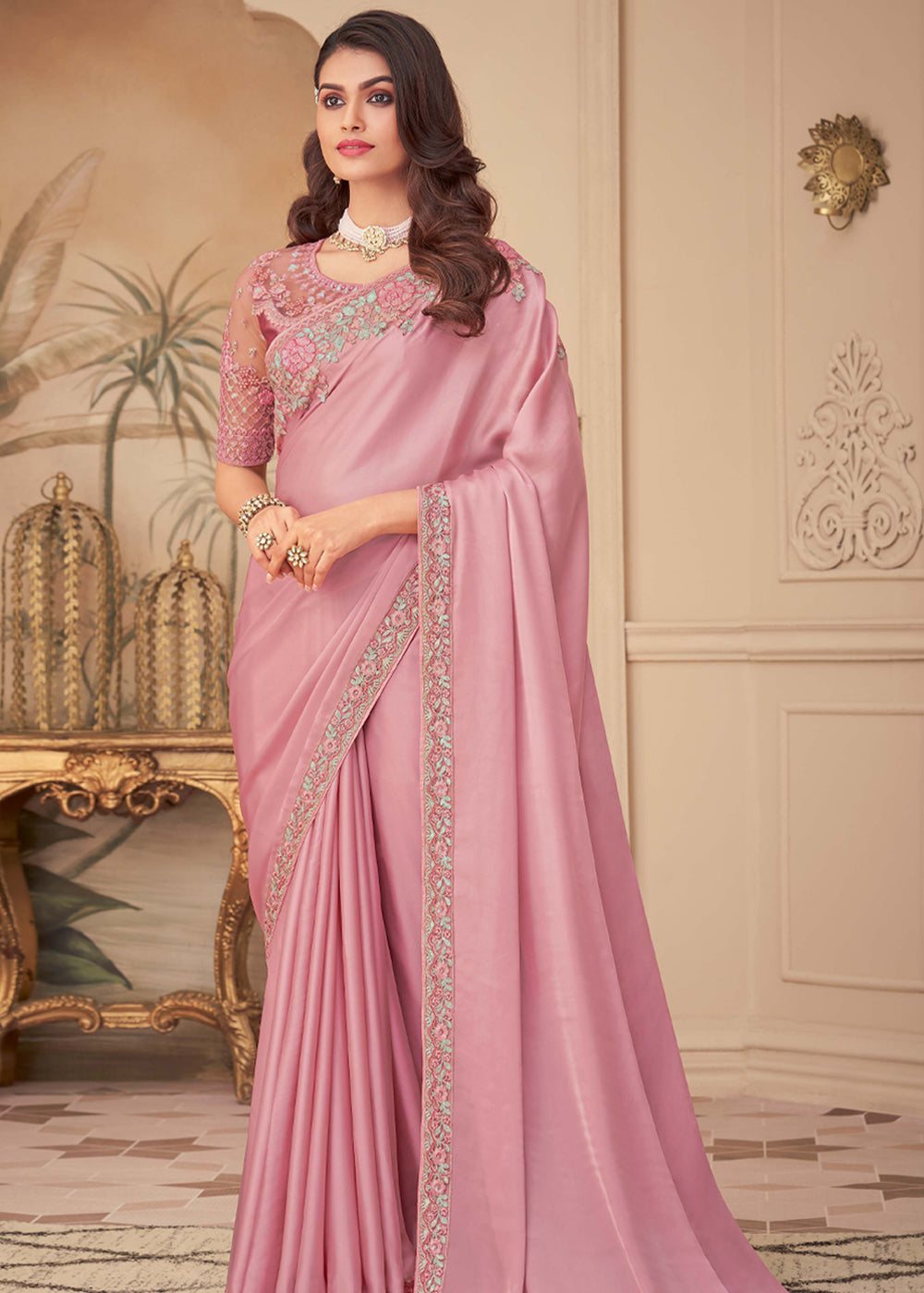 Mandys Pink Georgette Designer Saree with Embroidered Blouse