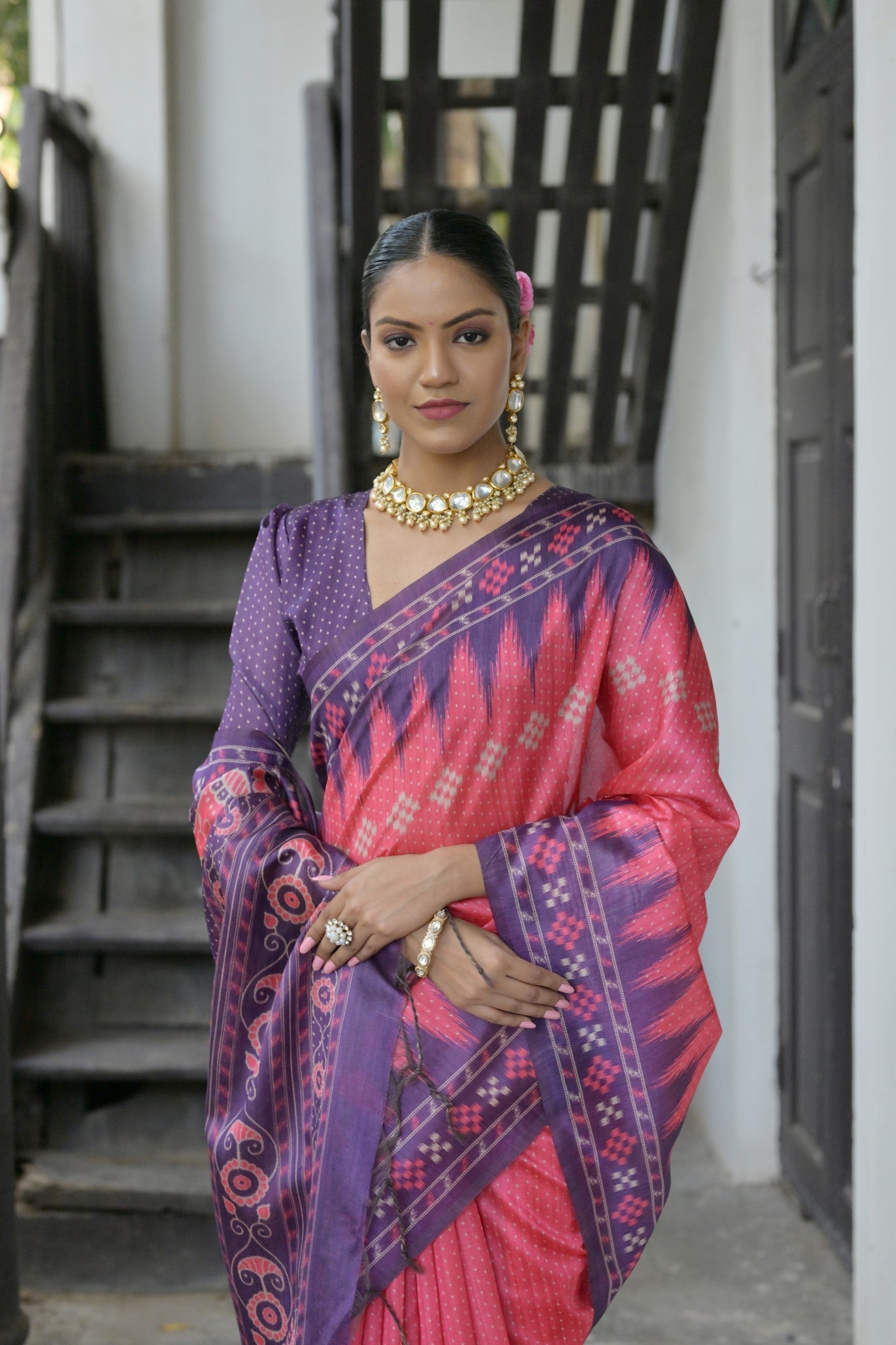 Blush Pink Printed Tussar Silk Saree