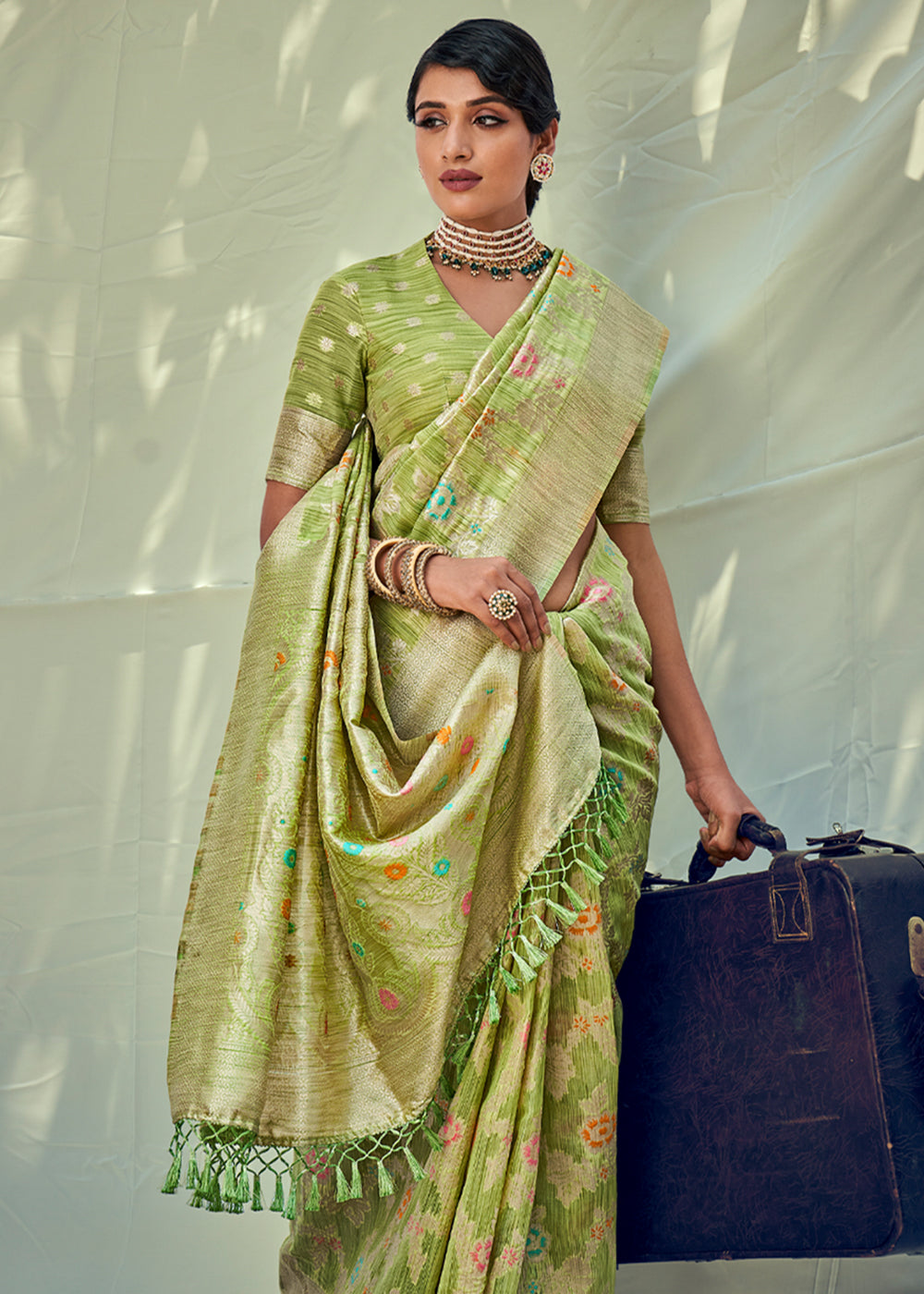 Wild Willow Green Zari Woven Banarasi Linen Saree