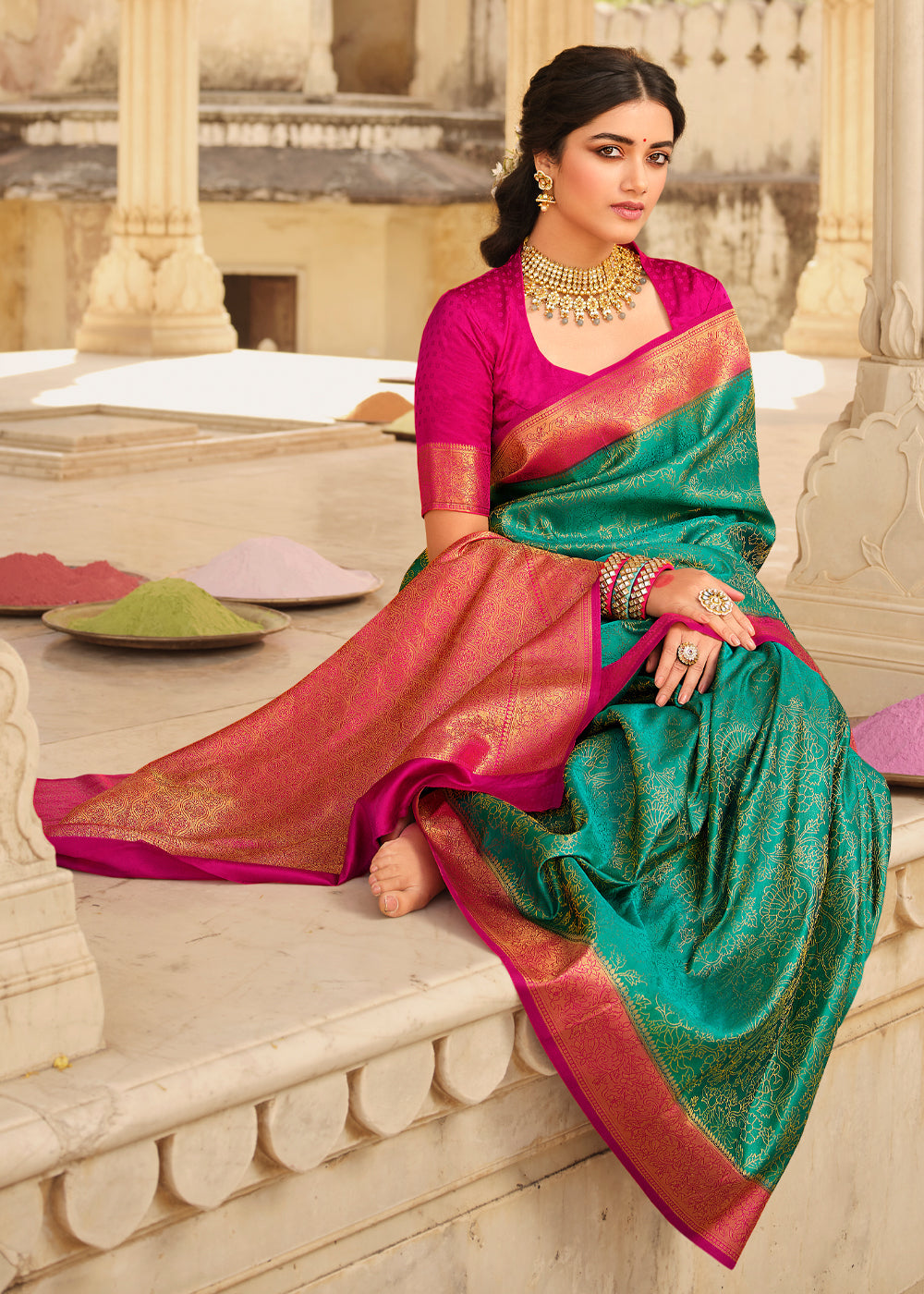 Emerald Blue & Pink Zari Woven Kanjivaram Saree