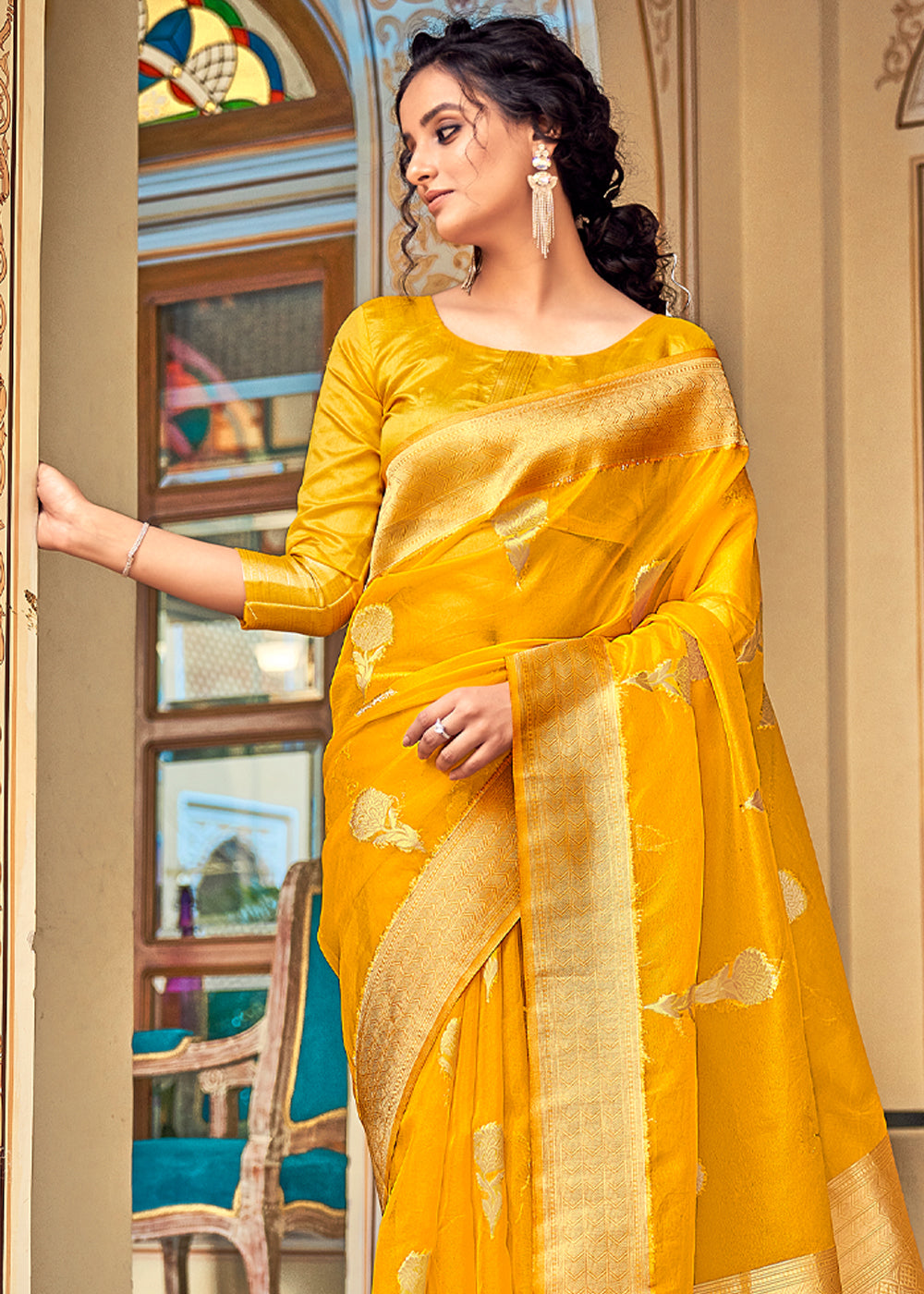 Glow Yellow Zari Woven Banarasi Organza Saree