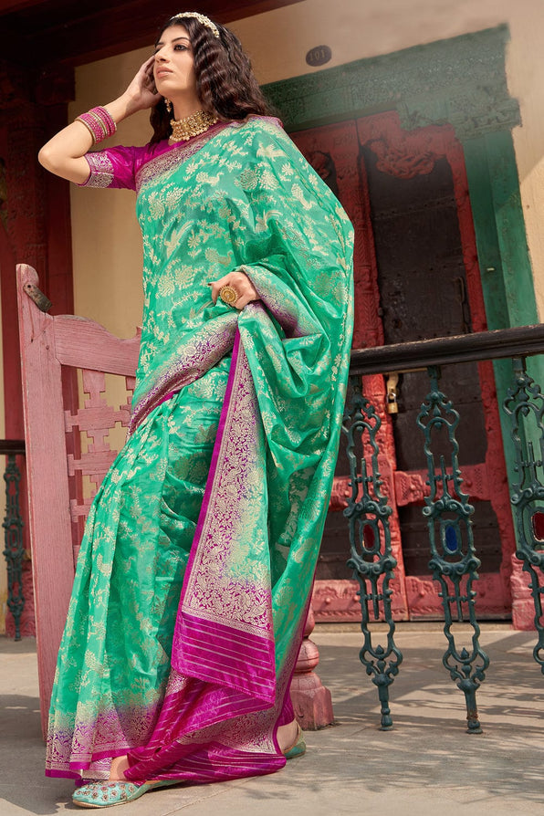 Silver Tree Green and Pink Organza Saree