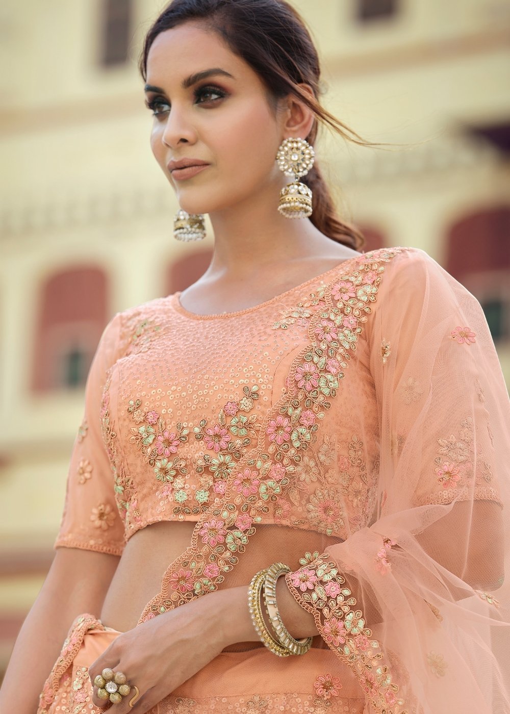 Flower Peach Soft Net Designer Lehenga Choli