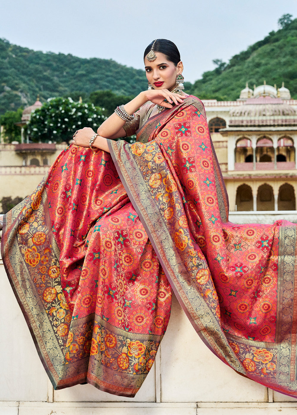 Raw Orange Red Designer Banarasi Saree