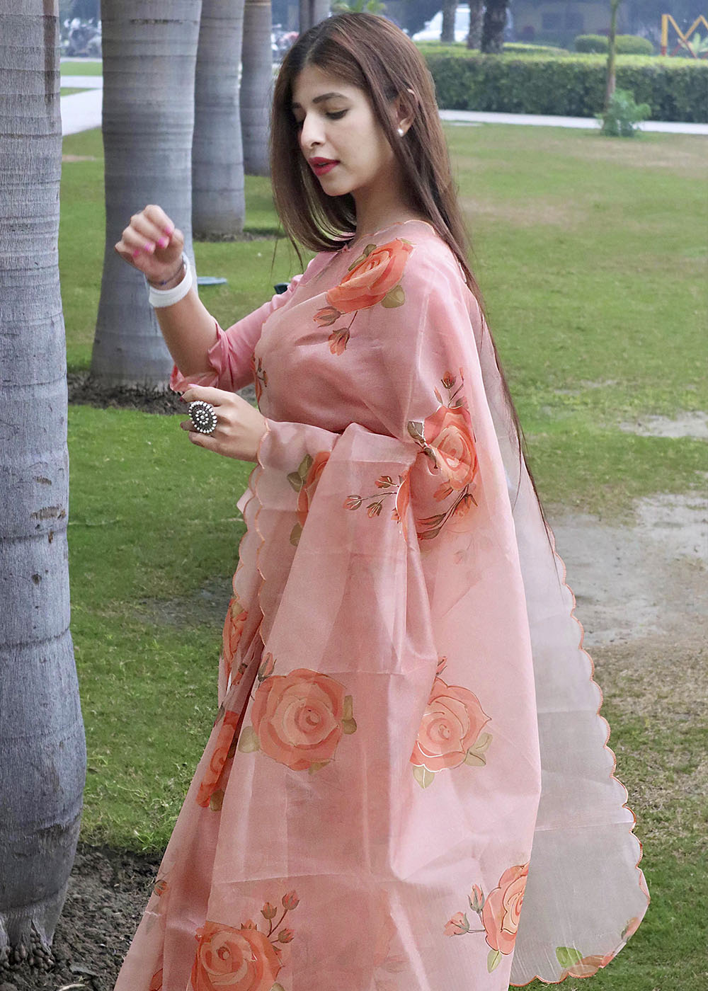 Sea Pink Peach Digital Floral Print Organza Saree