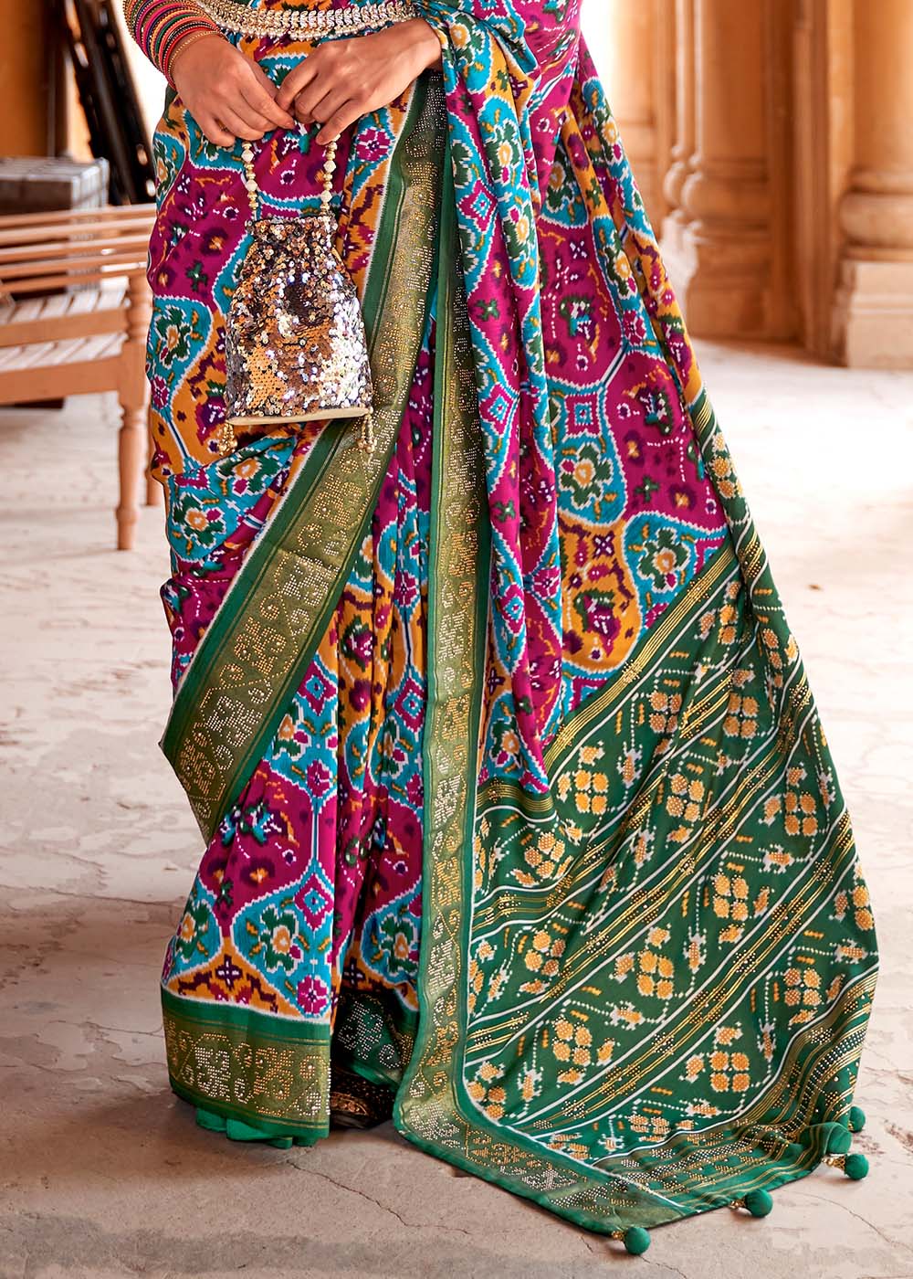 Boston Blue Multicolor Printed Patola Saree