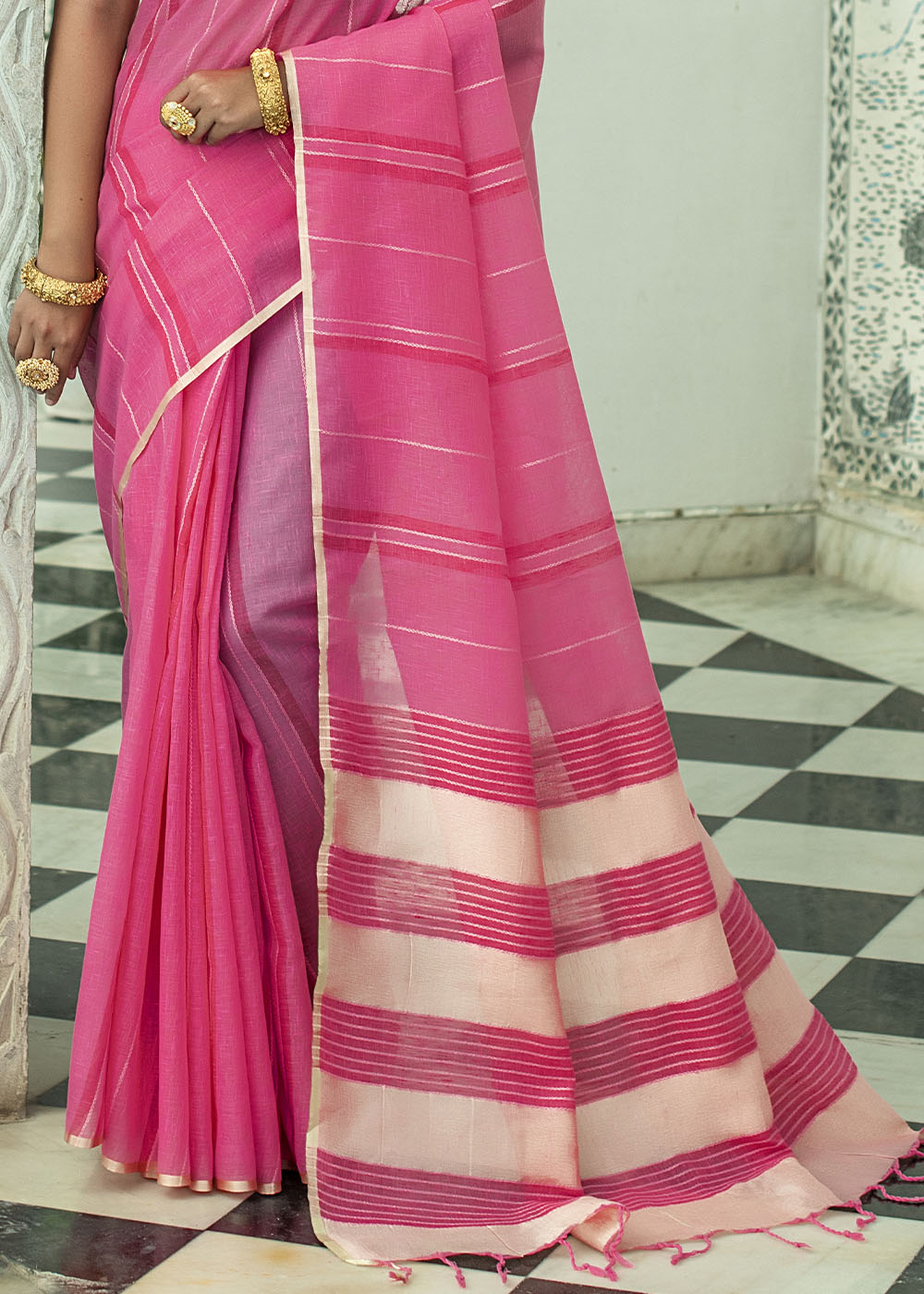 Me Pink Zari Woven Striped Linen Saree