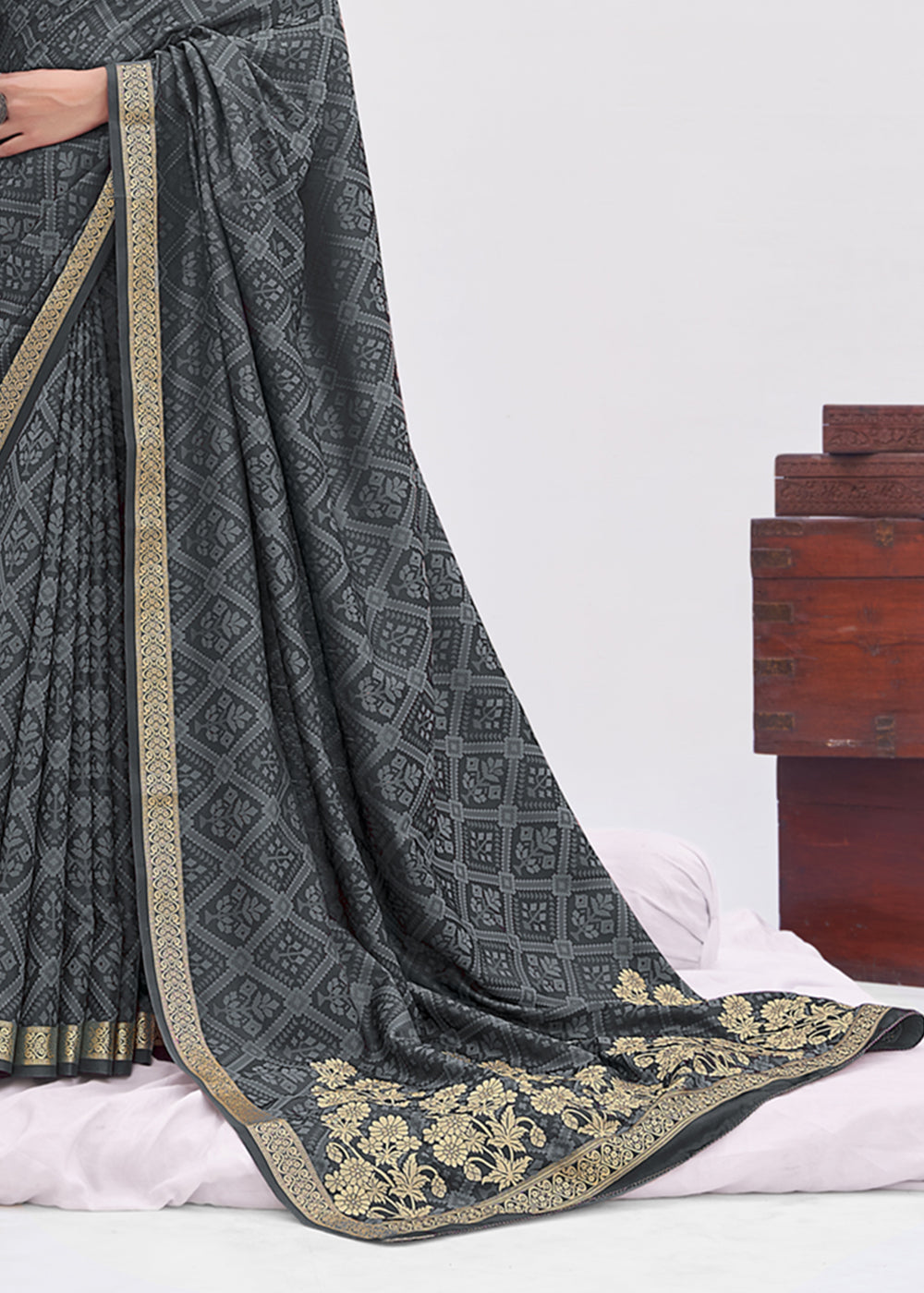 Rolling Grey Zari Woven Banarasi Satin Saree