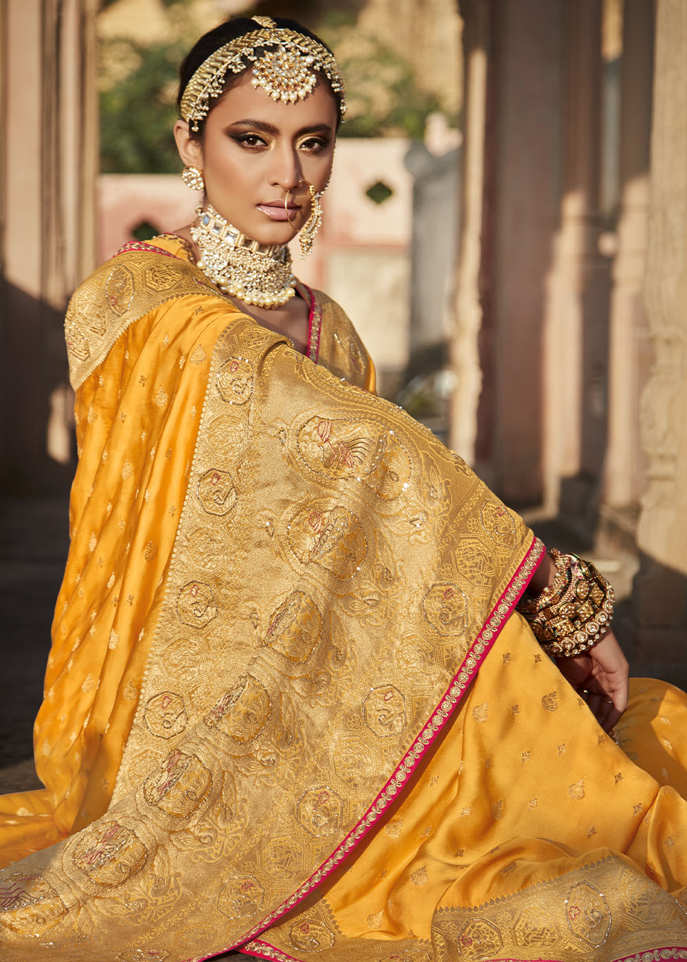 Glow Orange Zari Woven Banarasi Silk Saree with Embroidered Blouse