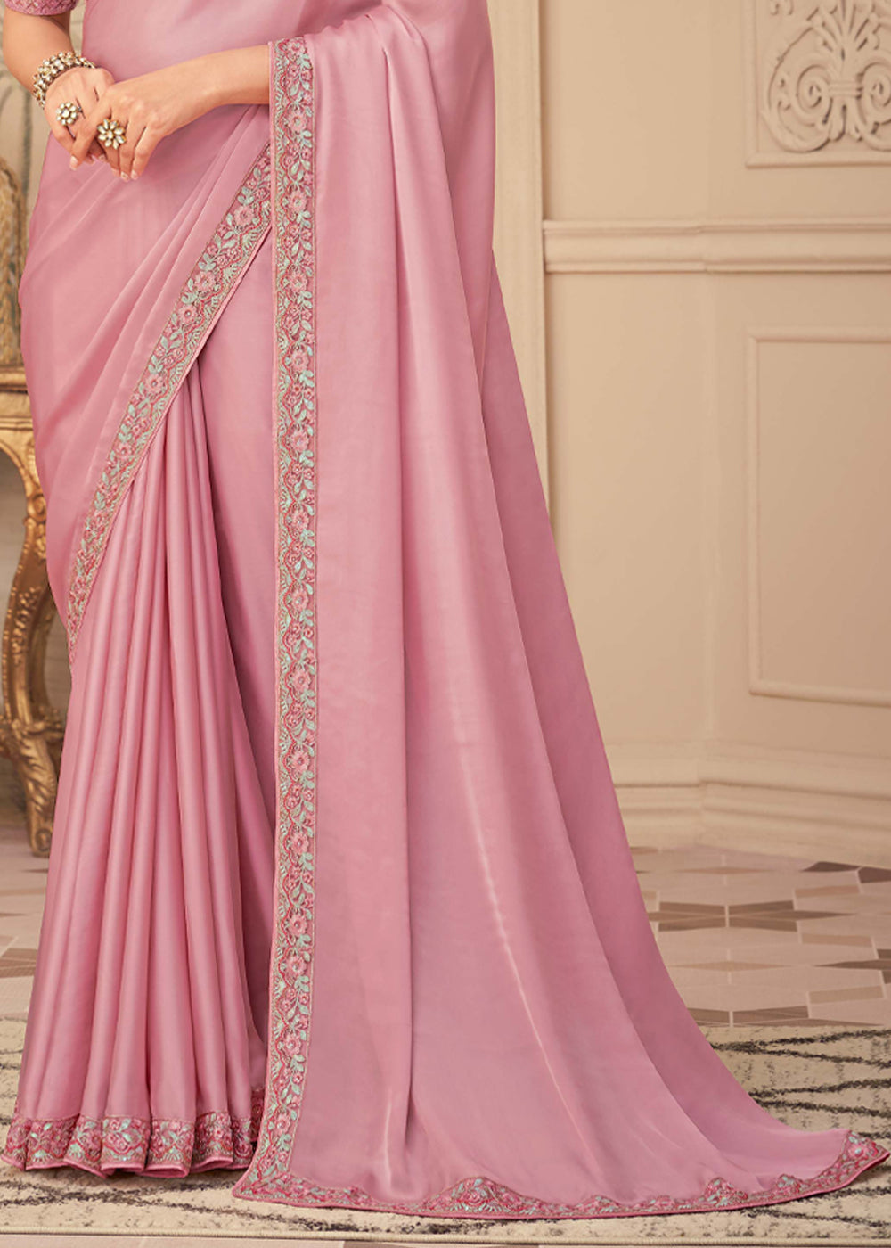 Mandys Pink Georgette Designer Saree with Embroidered Blouse