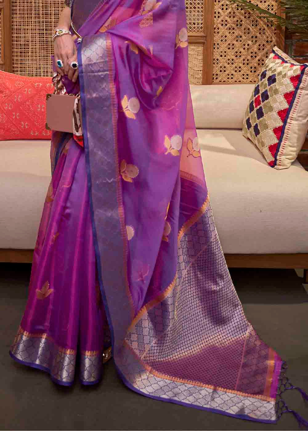 Plum Purple Zari Woven Two Tone Organza Saree