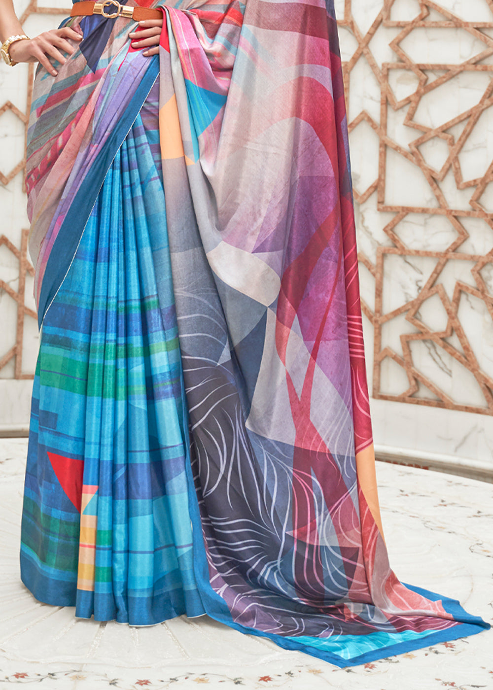 Astral Blue and White Kalamkari Printed Crepe Saree